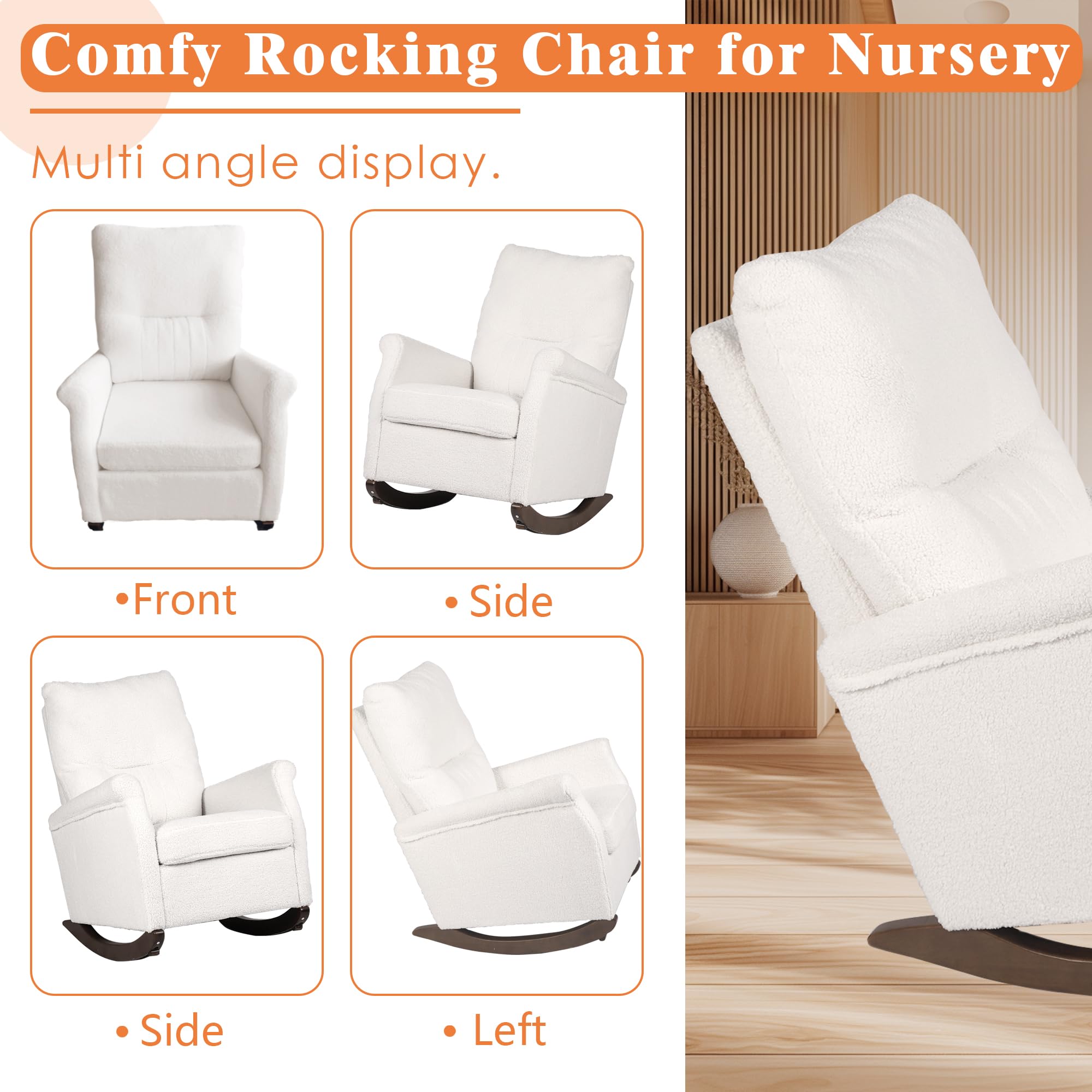 **White Teddy Rocker Glider Chair - High Back Nursing Rocking Chair for Mom, Nursery & Baby Room, Comfortable Reading Chair for Living Room & Bedroom - Perfect for Breastfeeding, Relaxing & Storytime**