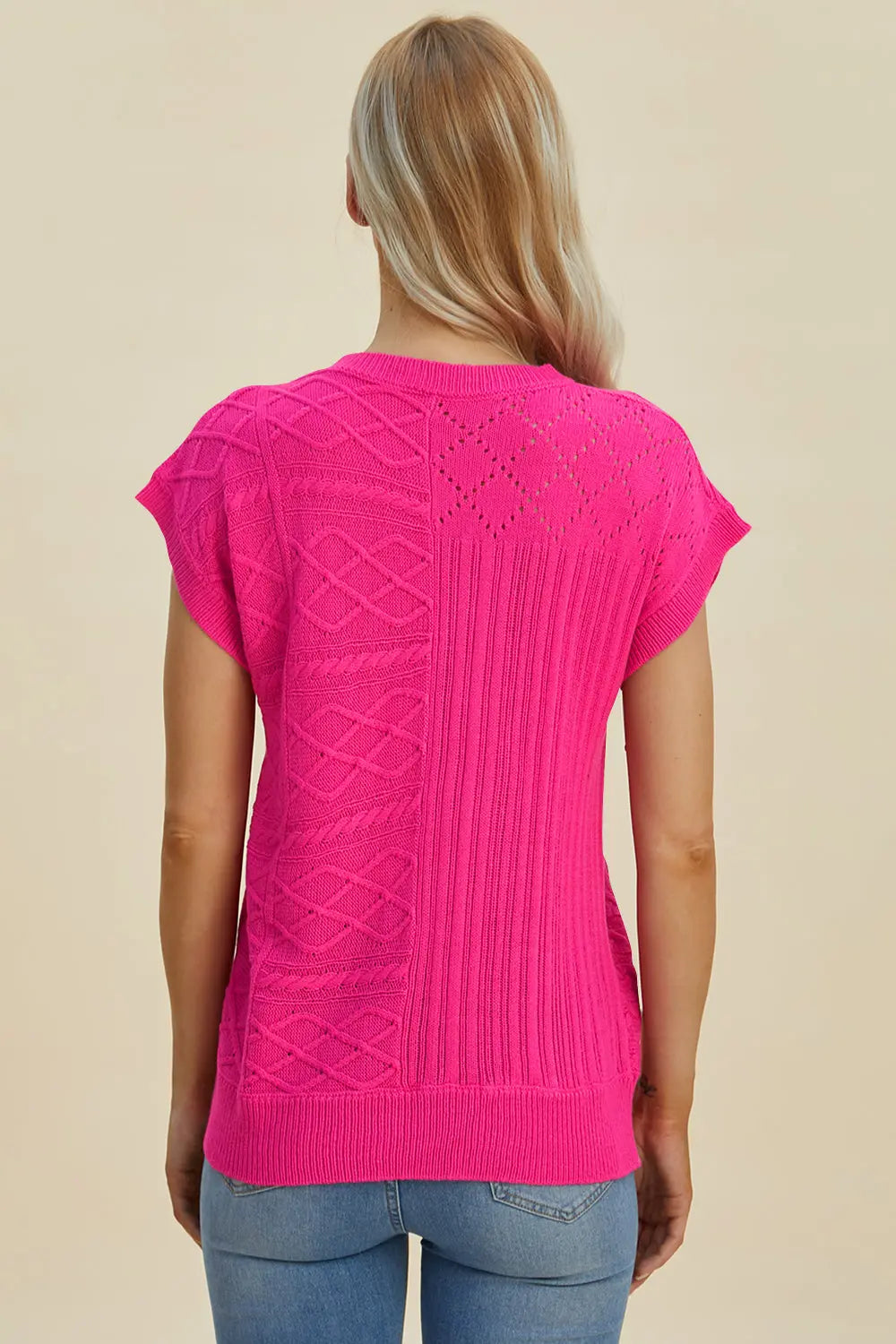 Double Take Full Size Cable Knit Round Neck Cap Sleeve Sweater for Women - Cozy Winter Pullover for Office, Date Night & Casual Outfits