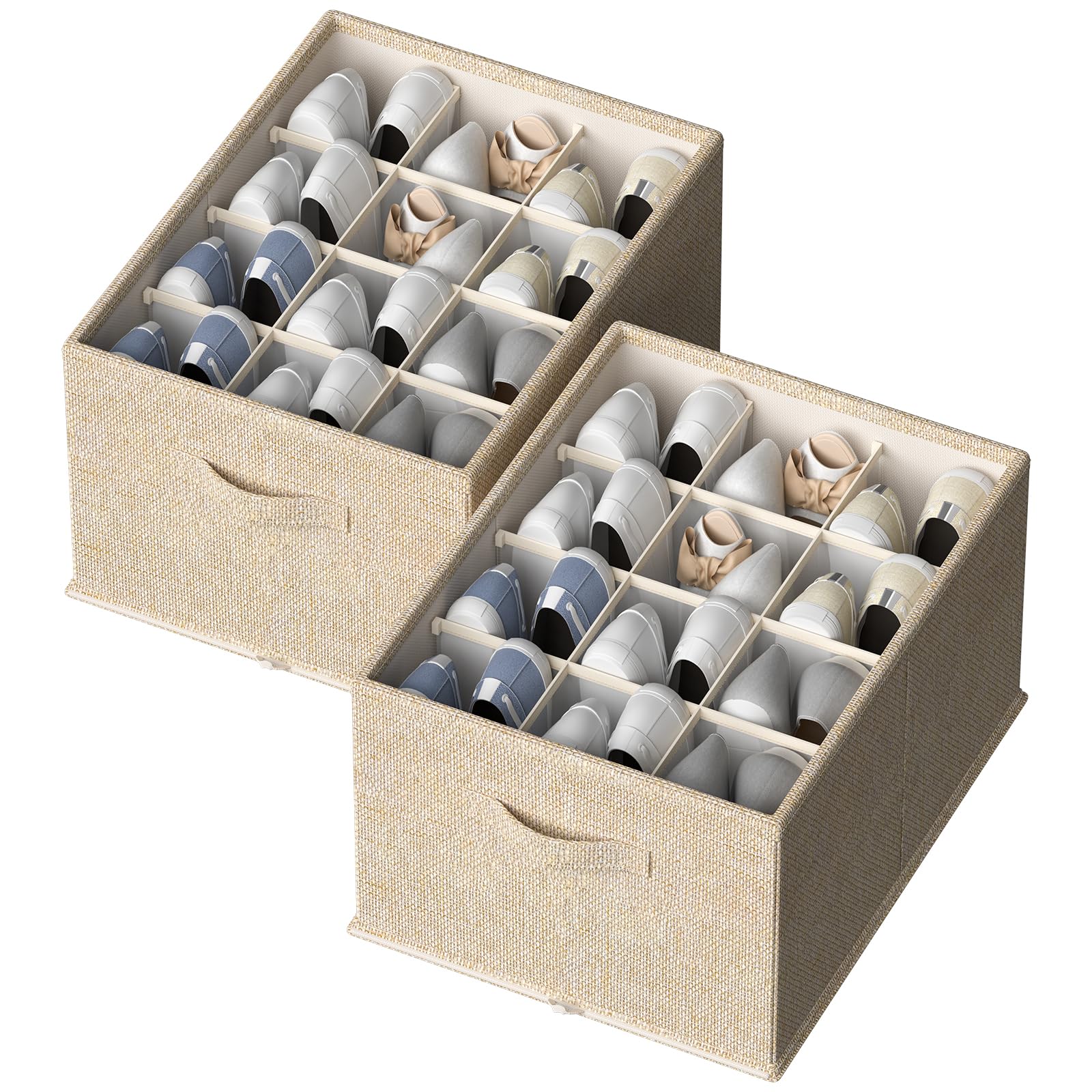 2 Pack Foldable Shoe Organizer for Closet - Holds Up to 24 Pairs of Shoes with Bottom Support - Space Saving Shoe Storage Containers for Bedroom, Entryway & Travel