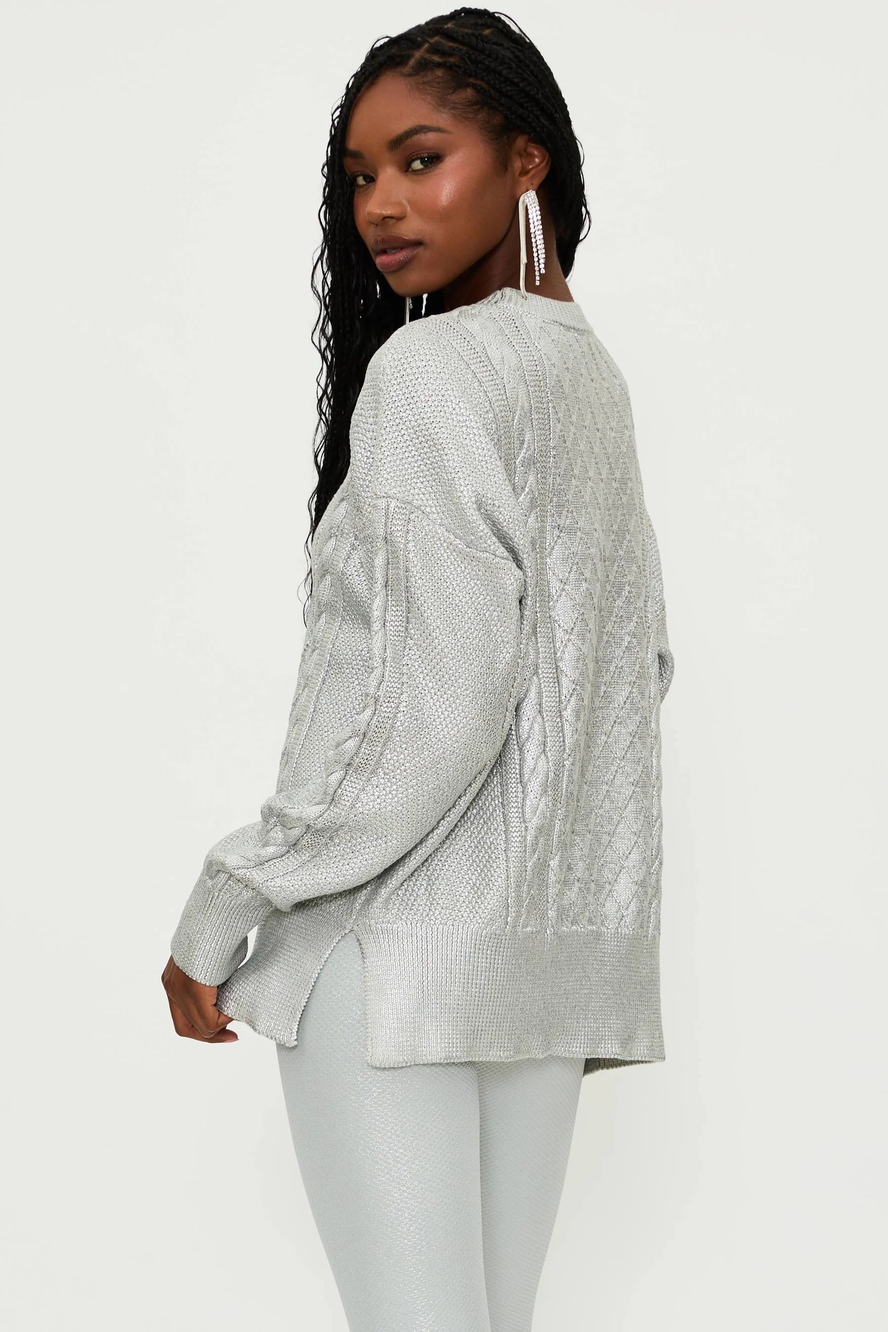 Beach Riot Callie Sweater - Women's Silver Shine Cable Knit Pullover | Cozy Winter Fashion, Casual Outfit & Holiday Style