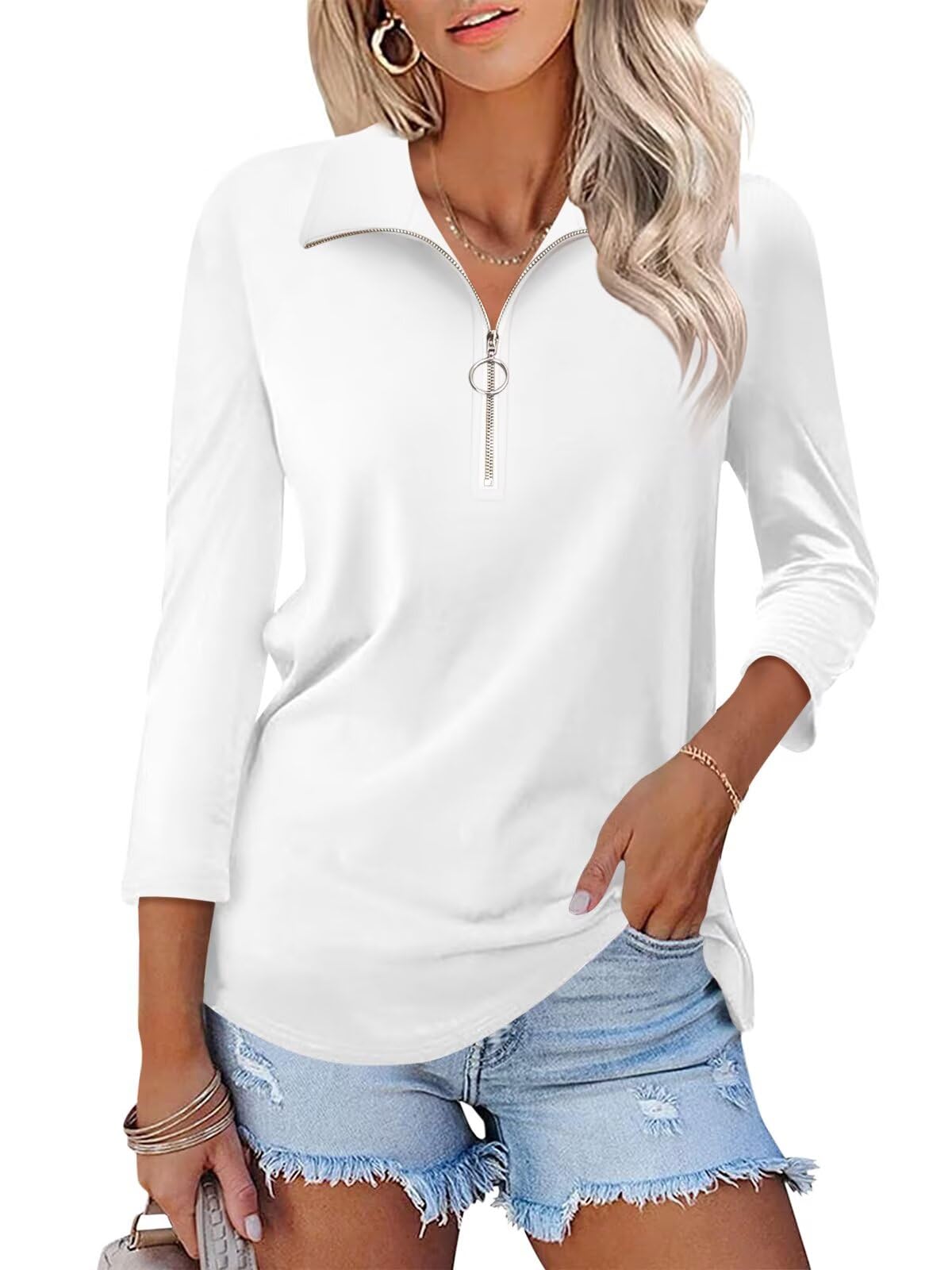Women's 3/4 Sleeve V-Neck Polo Shirts with Zipper - Solid & Color Block Collared Tops for Casual & Office Wear | Perfect for Work, Golf & Everyday Outfits