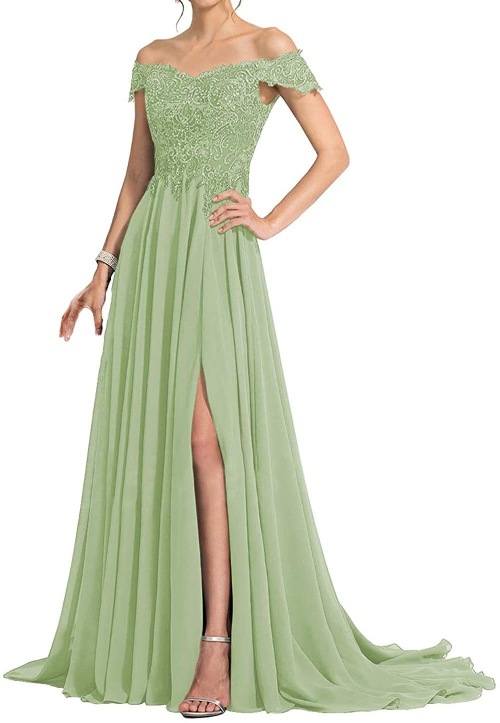 Elegant Off Shoulder Mother of The Bride Dress - Long Chiffon Lace Formal Evening Gown with Side Split for Wedding, Prom, and Special Occasions