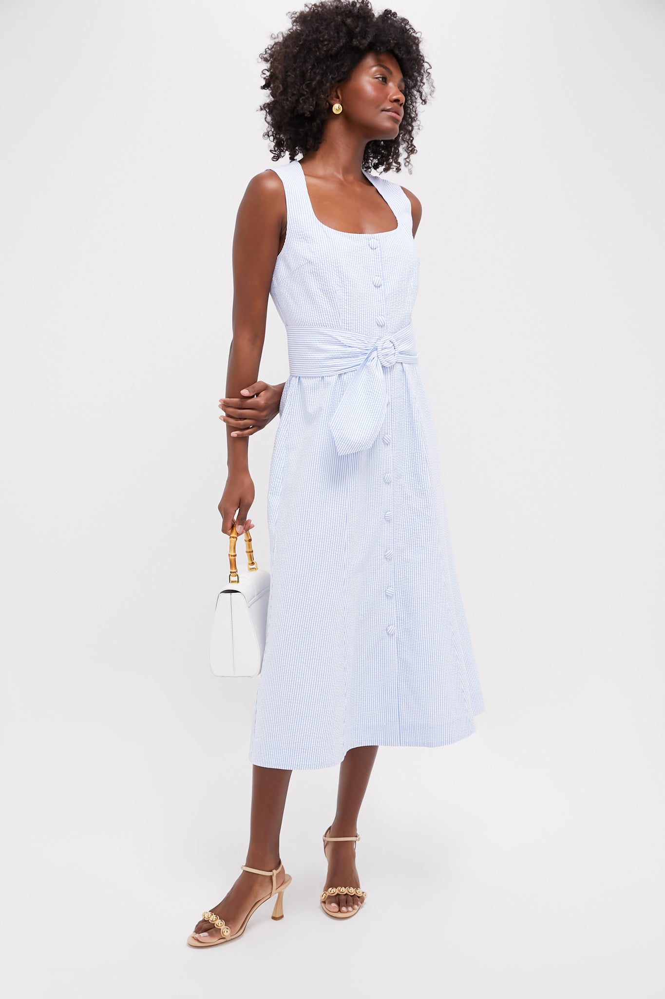 Blue Seersucker Delta Dress for Women - Lightweight Summer Sundress with Ruffles - Perfect for Beach Vacations, Garden Parties & Brunch Dates