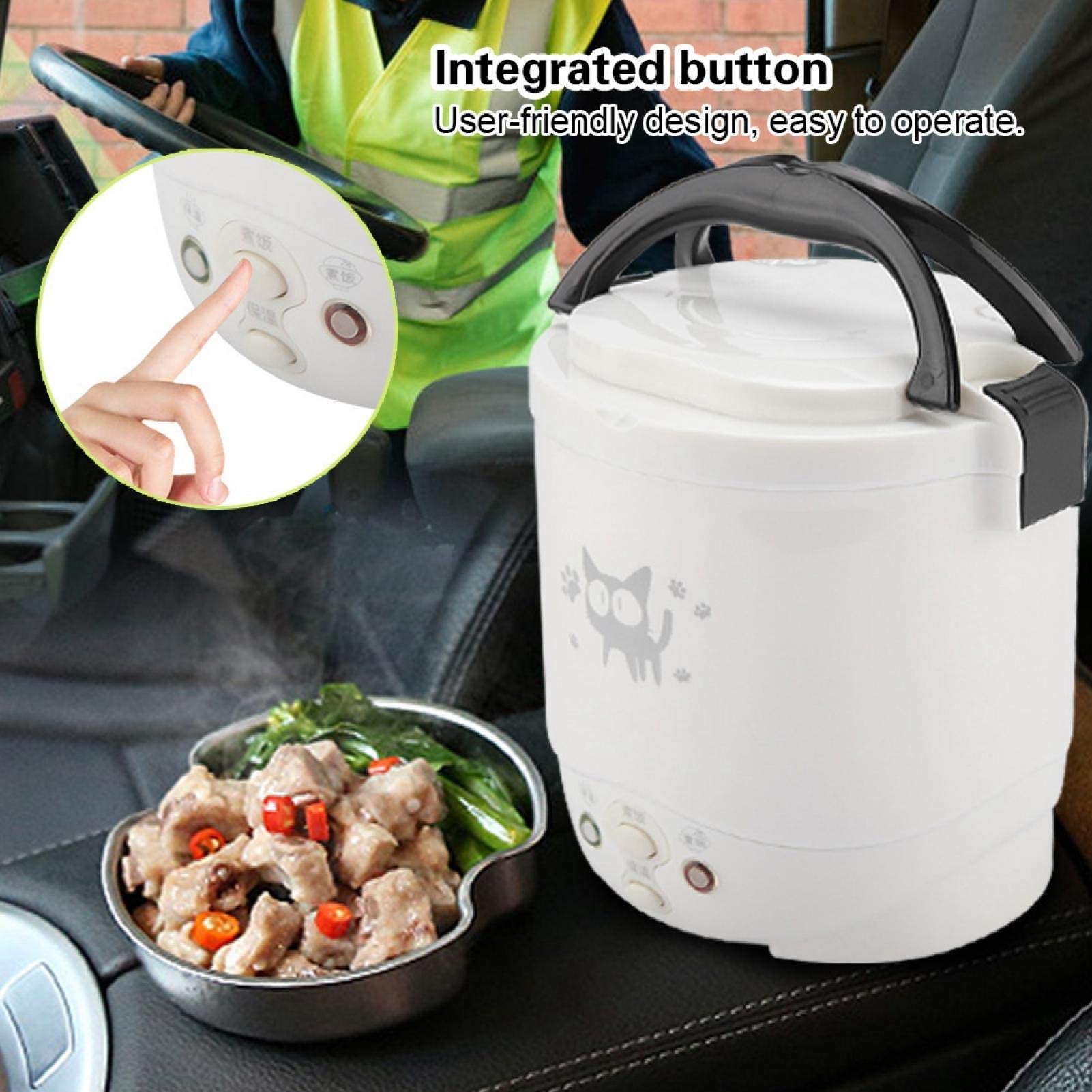 Omabeta 1L Portable Rice Cooker - 12V 100W Mini Electric Rice Cooker & Food Steamer for Travel, Cars, Camping - Multi-Functional Electric Lunch Box (White) | Perfect for Road Trips, Office Meals & Outdoor Adventures