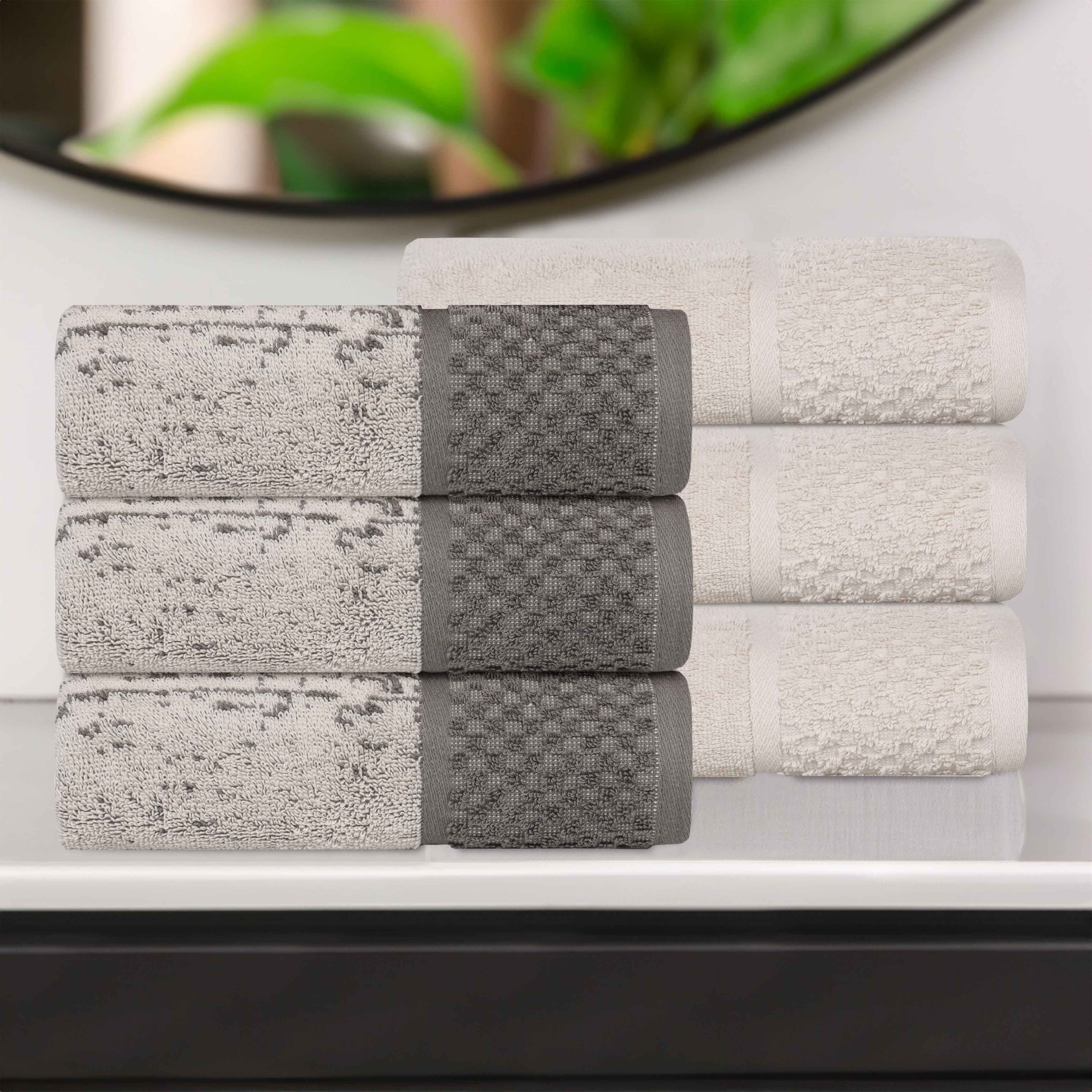 Premium Cotton Plush Jacquard Hand Towels Set of 6 - Soft & Absorbent Bath & Kitchen Towels for Bathroom, Guest Room, and Spa Use