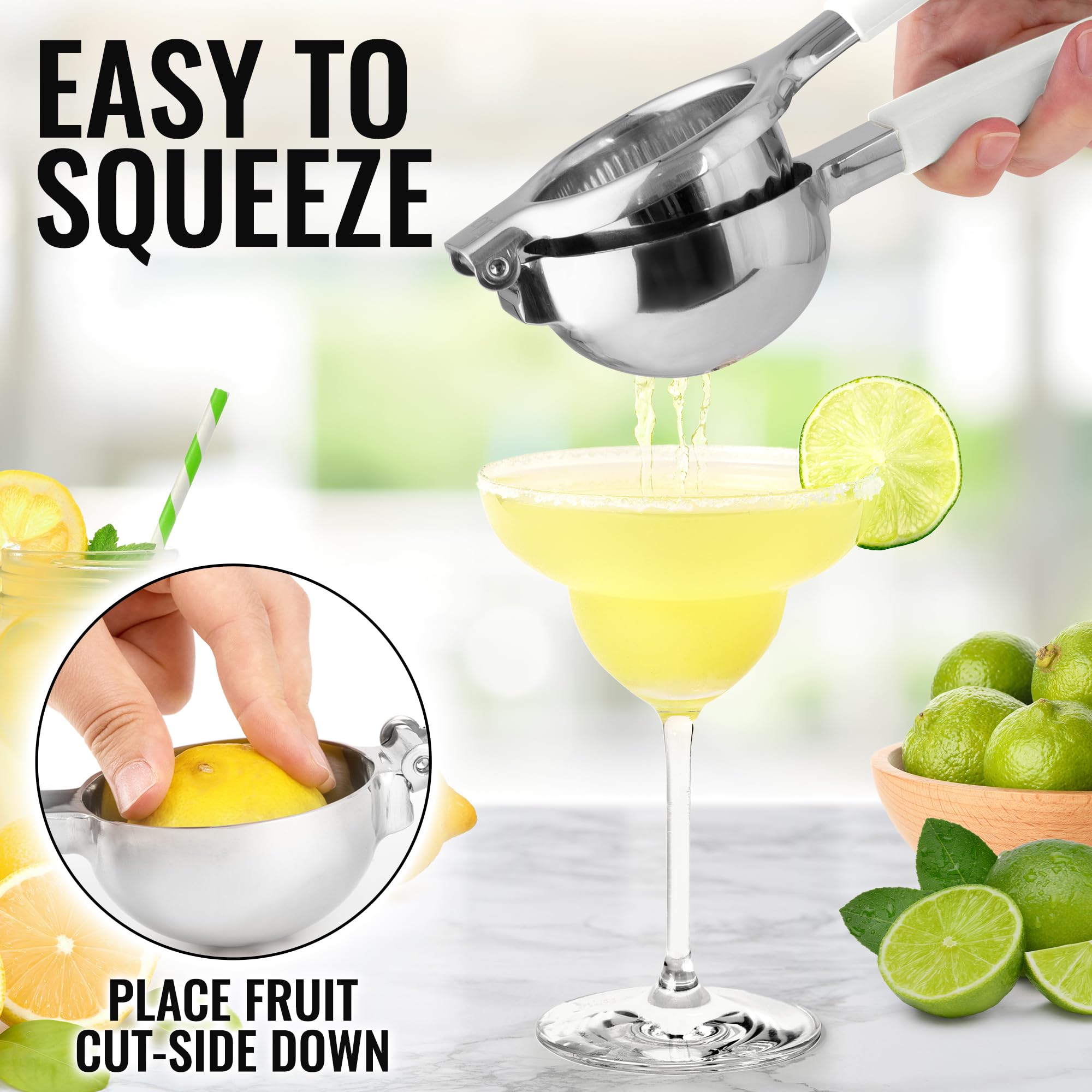 Premium Stainless Steel Lemon Squeezer - Heavy Duty Manual Citrus Juicer with Solid Metal Bowl & Food Grade Silicone Handles - Large Lime & Orange Press for Kitchen, Bar, Restaurant & Cocktail Making (White)