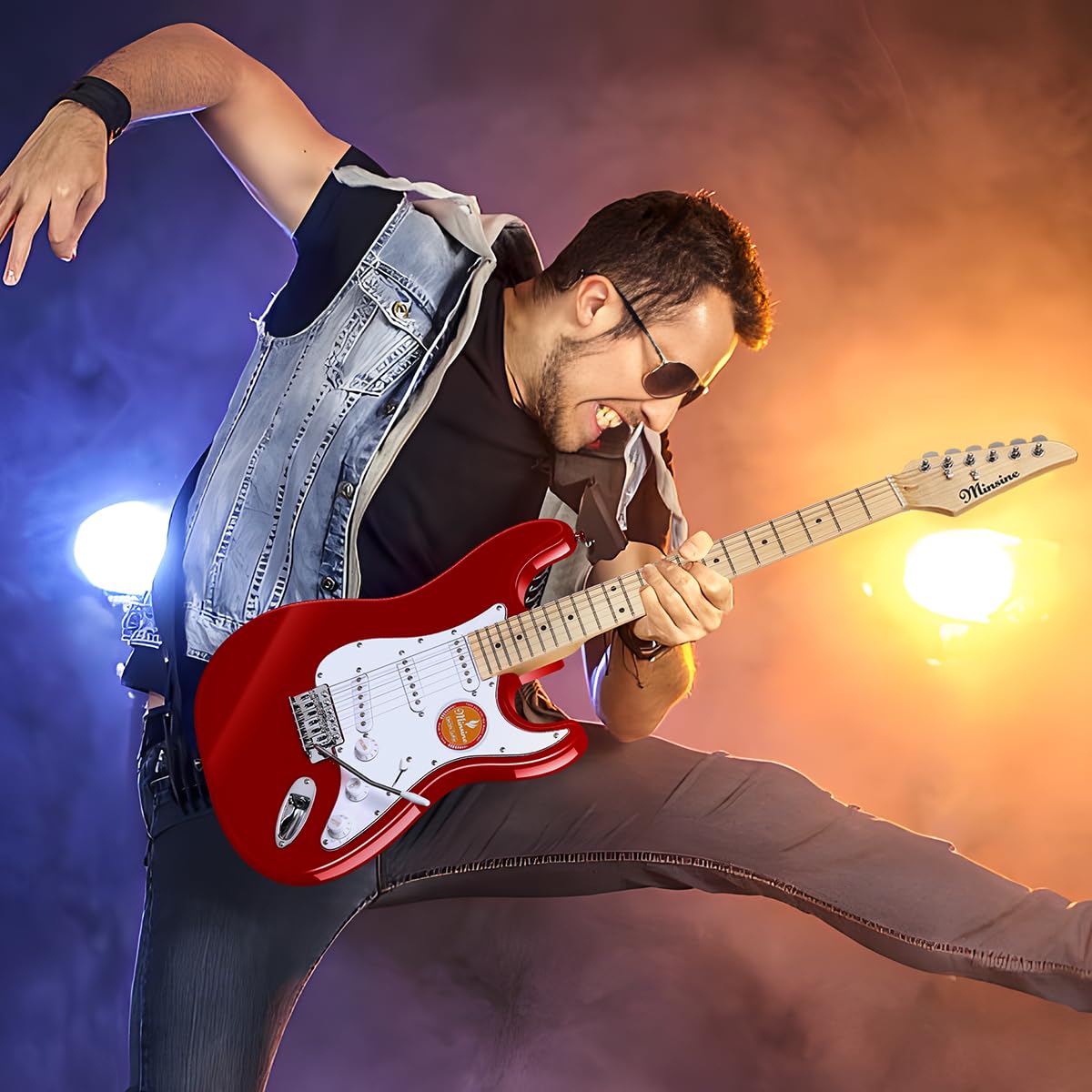 39 Inch Full Size Electric Guitar Kit with Solid Body, S-S-S Pickups & 6 Strings - Includes Gig Bag, Strap, Tremolo Arm, Cable & Picks - Perfect for Beginners & Practice (Red) - Ideal for Home Studio, Live Performances & Music Lessons