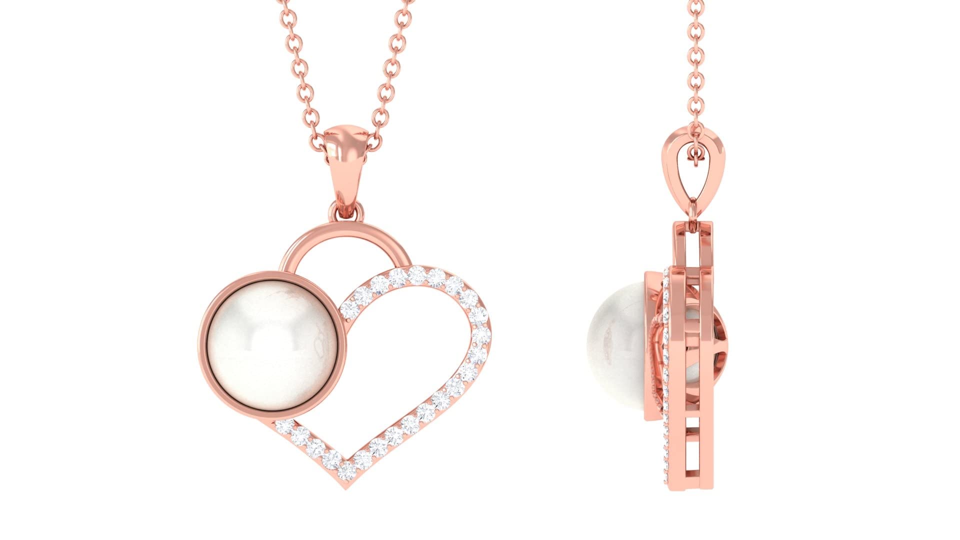 Heart-Shaped Freshwater Pearl and Diamond Pendant Necklace - 14K Solid Gold Bezel-Set Jewelry for Valentine's Day, Anniversary & Romantic Gifts