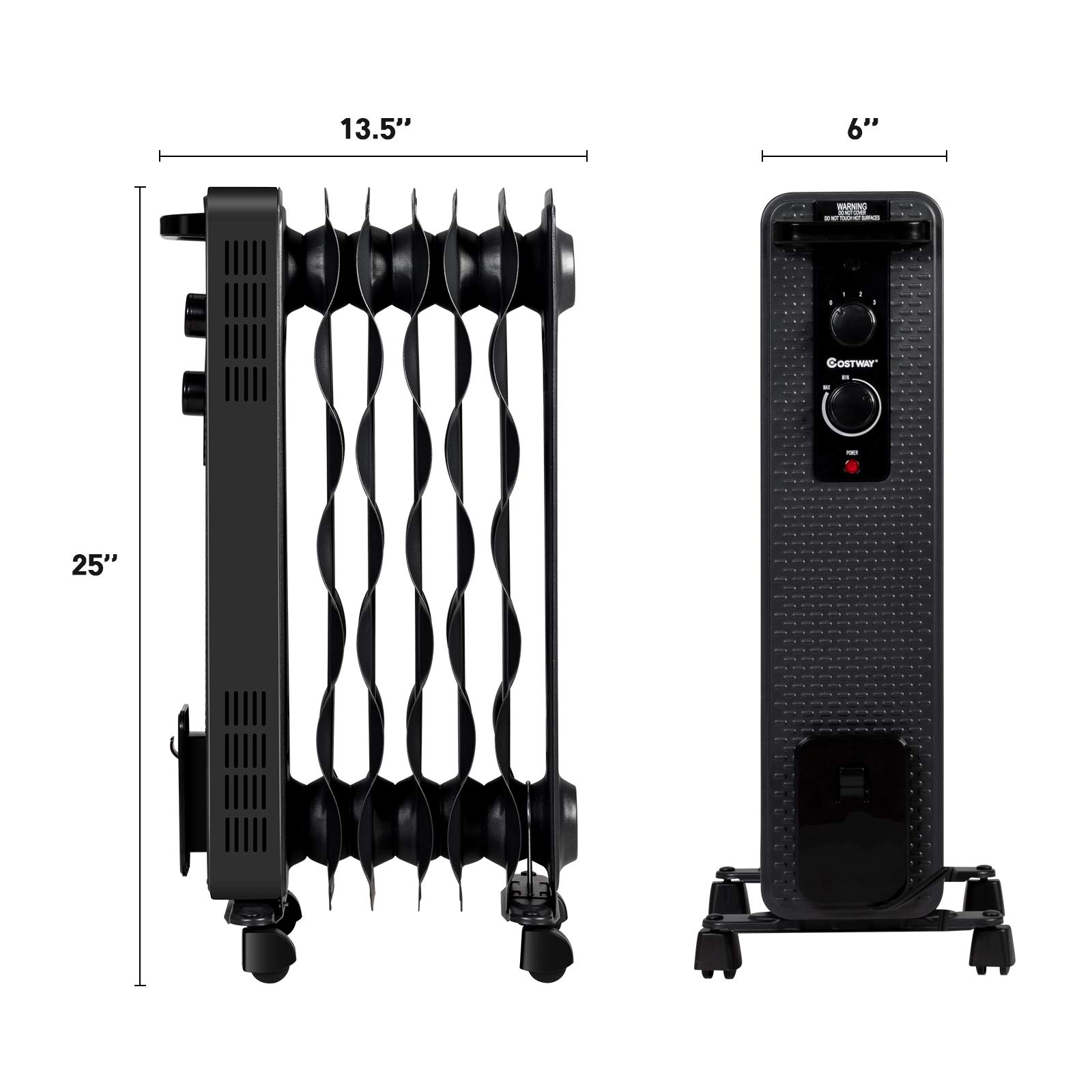 COSTWAY 1500W Oil Filled Radiator Heater - Portable Electric Space Heater with 3 Heat Modes, Adjustable Thermostat, Tip-Over & Overheat Protection - Energy Efficient Indoor Heater for Home, Office, Bedroom & Living Room - Perfect for Winter Heating & Home Office Warmth