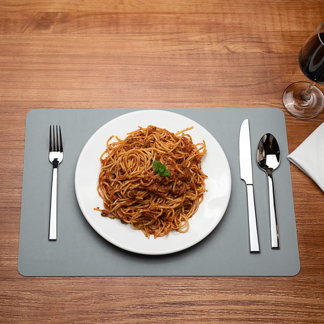 16 Inch Table Placemats Set of 6 - Stain-Resistant Embossed Vinyl Placemats with Leather-Like Feel for Dining Tables, Kitchen, Restaurant & Home Use - Gray Rectangular Surface Protectors