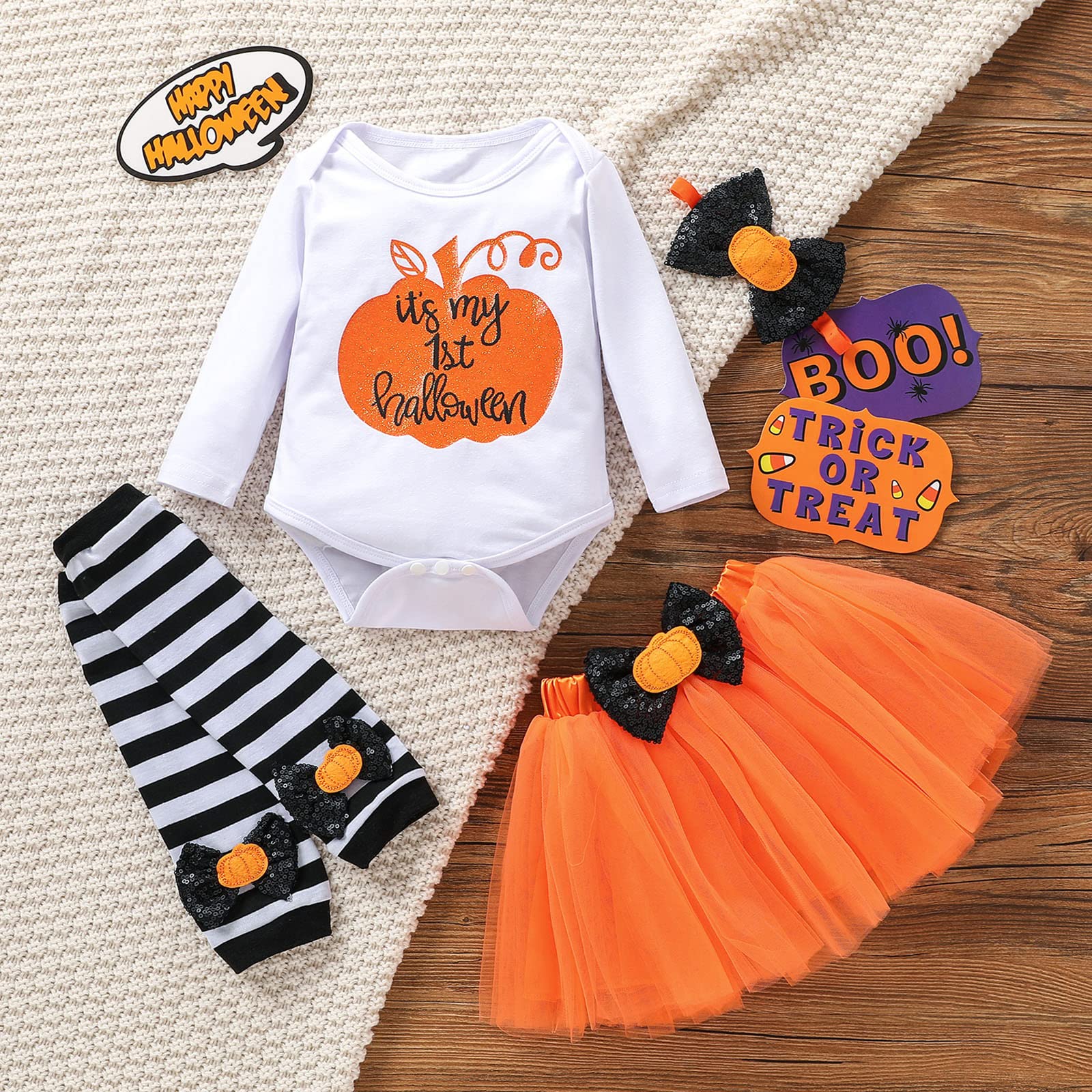 Baby Girl Halloween Outfit - Long Sleeve Letter Printed Romper with Tulle Skirt & Headband | Infant Costume for Halloween Party, Photo Shoot & Dress Up