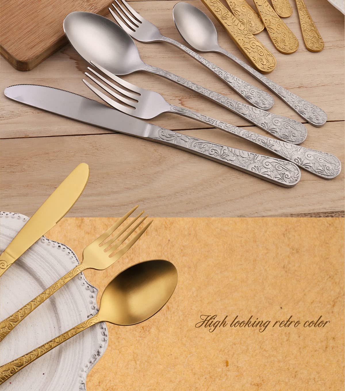 IKXO 40-Piece Stainless Steel Flatware Set for 8 - Elegant Mirror Polished Silverware with Dinner Knives, Forks & Spoons | Retro Design, Dishwasher Safe | Perfect for Formal Dining, Wedding Registry & Holiday Entertaining
