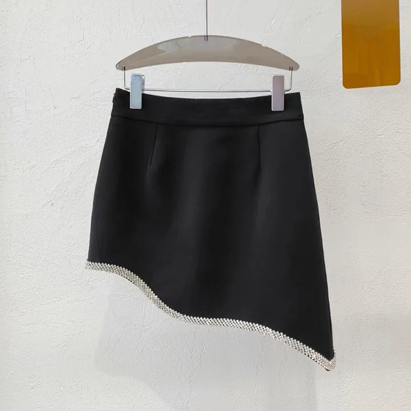 Women's Black Patchwork Diamond Skirt - High Waist Irregular Hem Elegant Summer Fashion Skirt | Perfect for Casual Outings, Date Nights & Office Wear