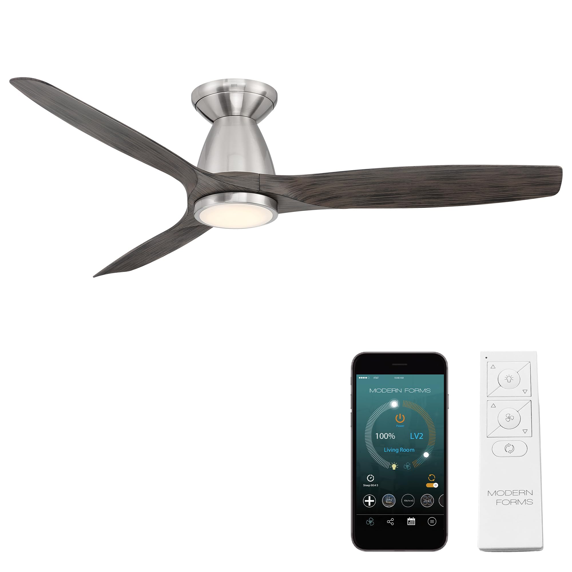 Skylark Smart 54in 3-Blade Flush Mount Ceiling Fan with Adjustable CCT LED Light Kit & Remote Control, Brushed Nickel/Ebony, Works with Alexa, iOS, Android App - Perfect for Living Rooms, Bedrooms, and Outdoor Spaces