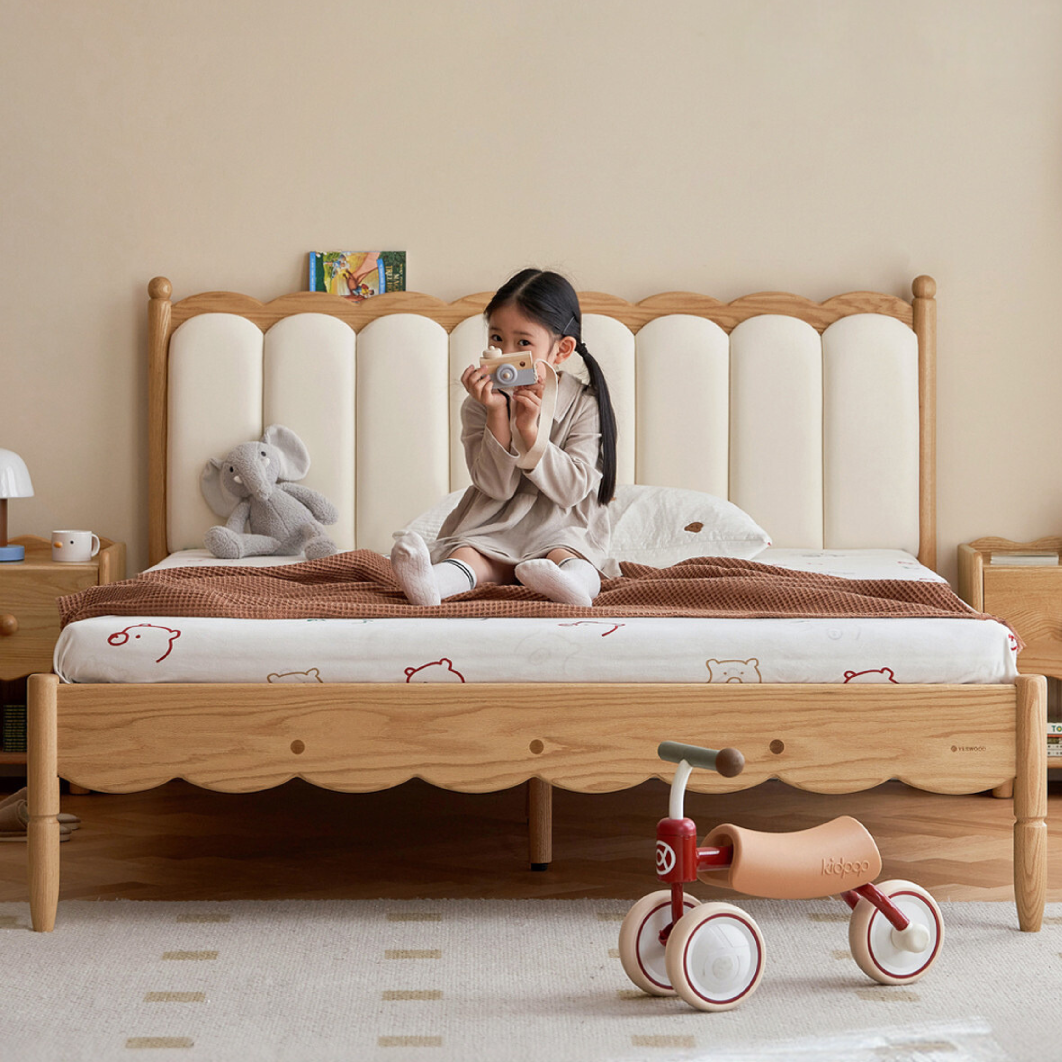 Premium Oak Solid Wood Kids Upholstered Bed with Soft Headboard - Milky White | Safe & Comfortable Toddler Bedroom Furniture for Boys & Girls | Perfect for Bedrooms, Daycare & Guest Rooms