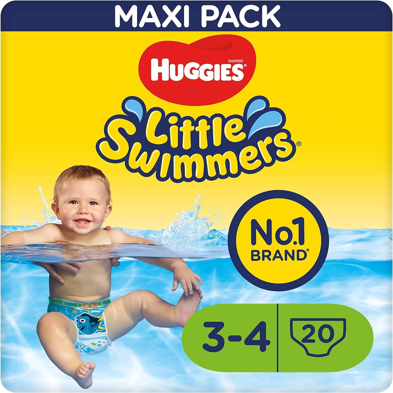 HUGGIES Little Swimmers Disposable Swim Diapers MAXIPACK Size 3/4 (7-15kg) - 20 Count, Leak-Proof Protection with Flexible Waistband, Perfect for Baby's First Swim Lessons & Pool Time