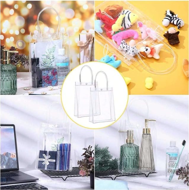 6 Pack Small Clear Plastic Gift Bags with Handles - 18cm Transparent Goodie Bags for Valentine's Day, Party Favors, Wedding Favors, Birthday Treats & Retail Shopping