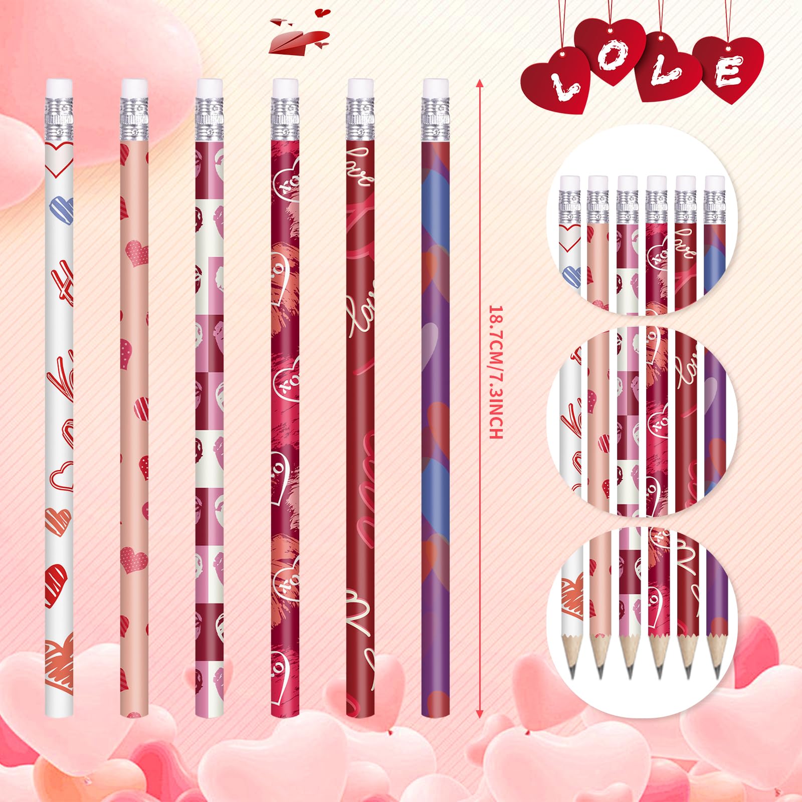 Valentine's Day Wood Pencils Bulk Pack with Erasers - 6 Styles (48 Count) for Classroom Parties, School Supplies & Holiday Gifts | Perfect for Valentine's Exchange, Teacher Appreciation & Student Rewards