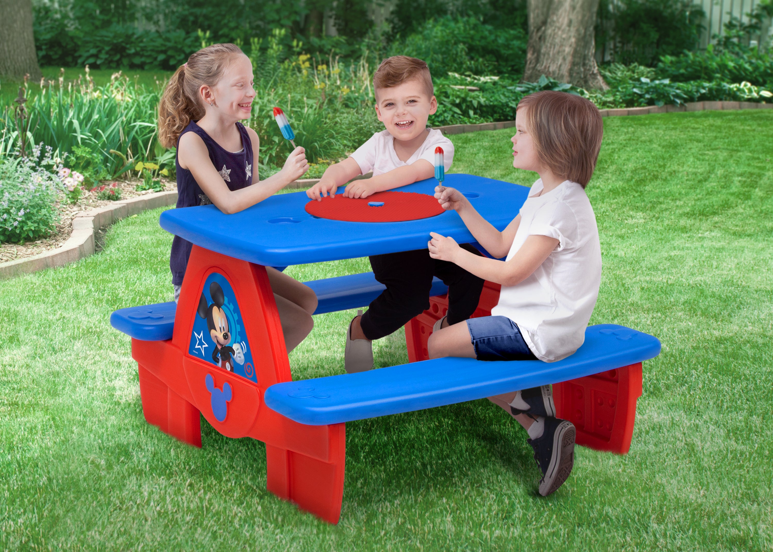 Mickey Mouse 4-Seat Kids Picnic Table with LEGO-Compatible Tabletop - Outdoor Play, Birthday Parties & Backyard Fun for Toddlers