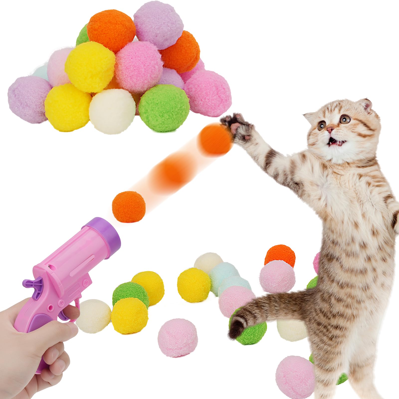 Cat Ball Launcher Toy - 50Pcs Plush Fuzzy Balls with Automatic Fetch Launcher Gun for Indoor Cats | Interactive Kitten Play Toy for Exercise & Boredom Relief | Perfect for Playtime, Training & Bonding with Your Adult Cat