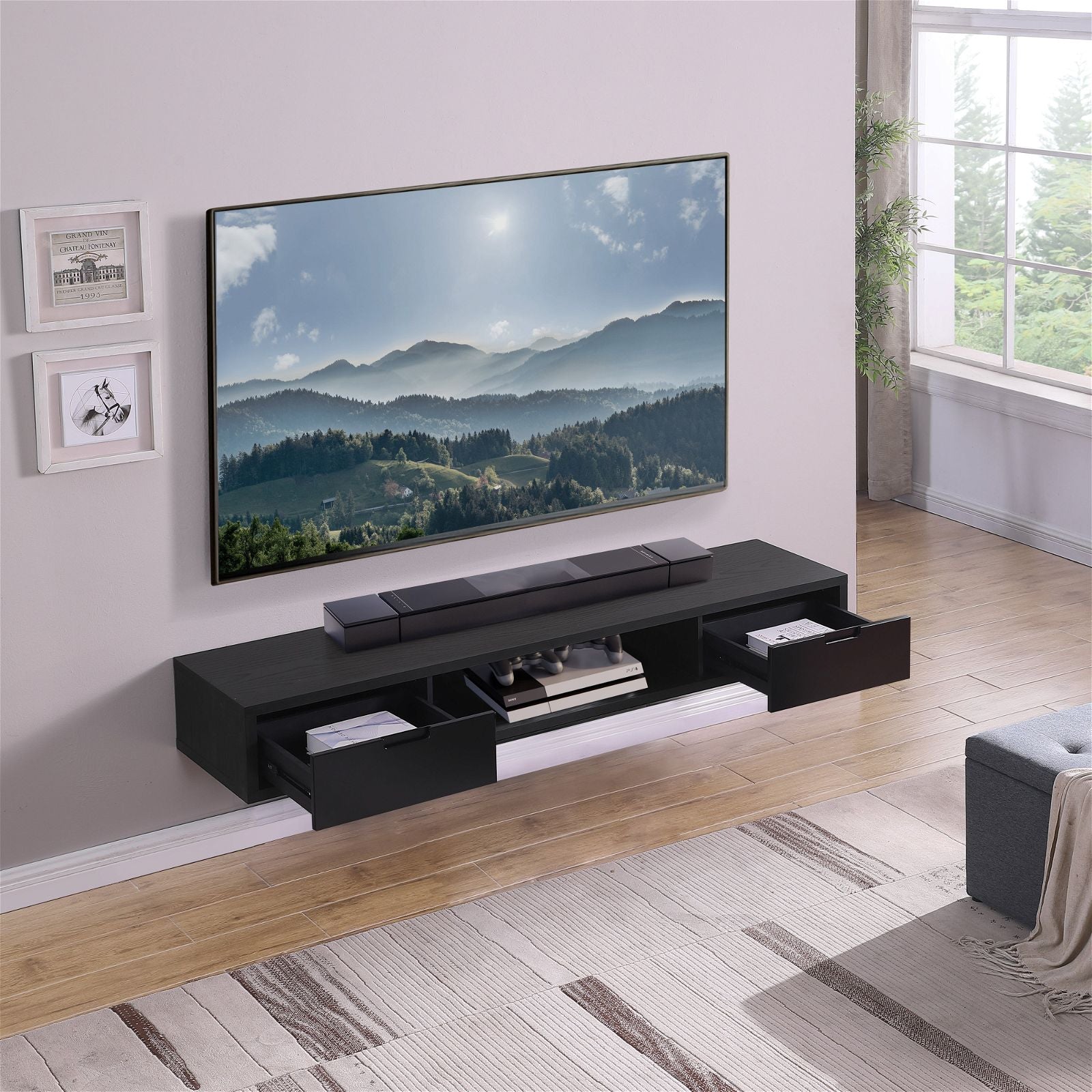 Criterion 1800mm Black Oak Wall Mounted TV Stand - Modern Entertainment Center for Living Room, Bedroom & Home Theater Setup