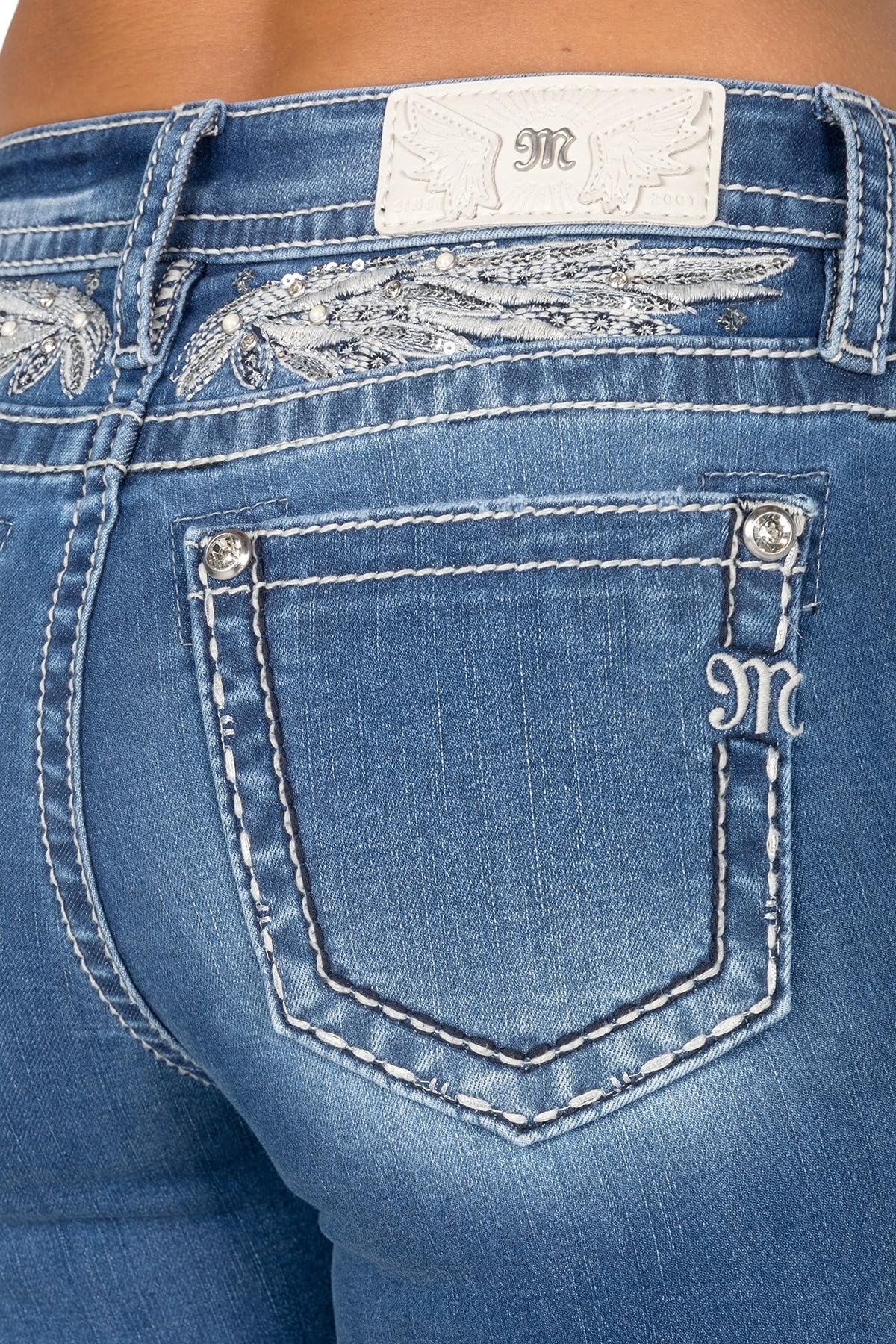 Miss Me Women's Silver Pearl Feather Yoke Mid-Rise Capri Jeans | Stylish Stretch Denim Pants for Casual Wear & Date Nights | Perfect for Spring & Summer Outfits