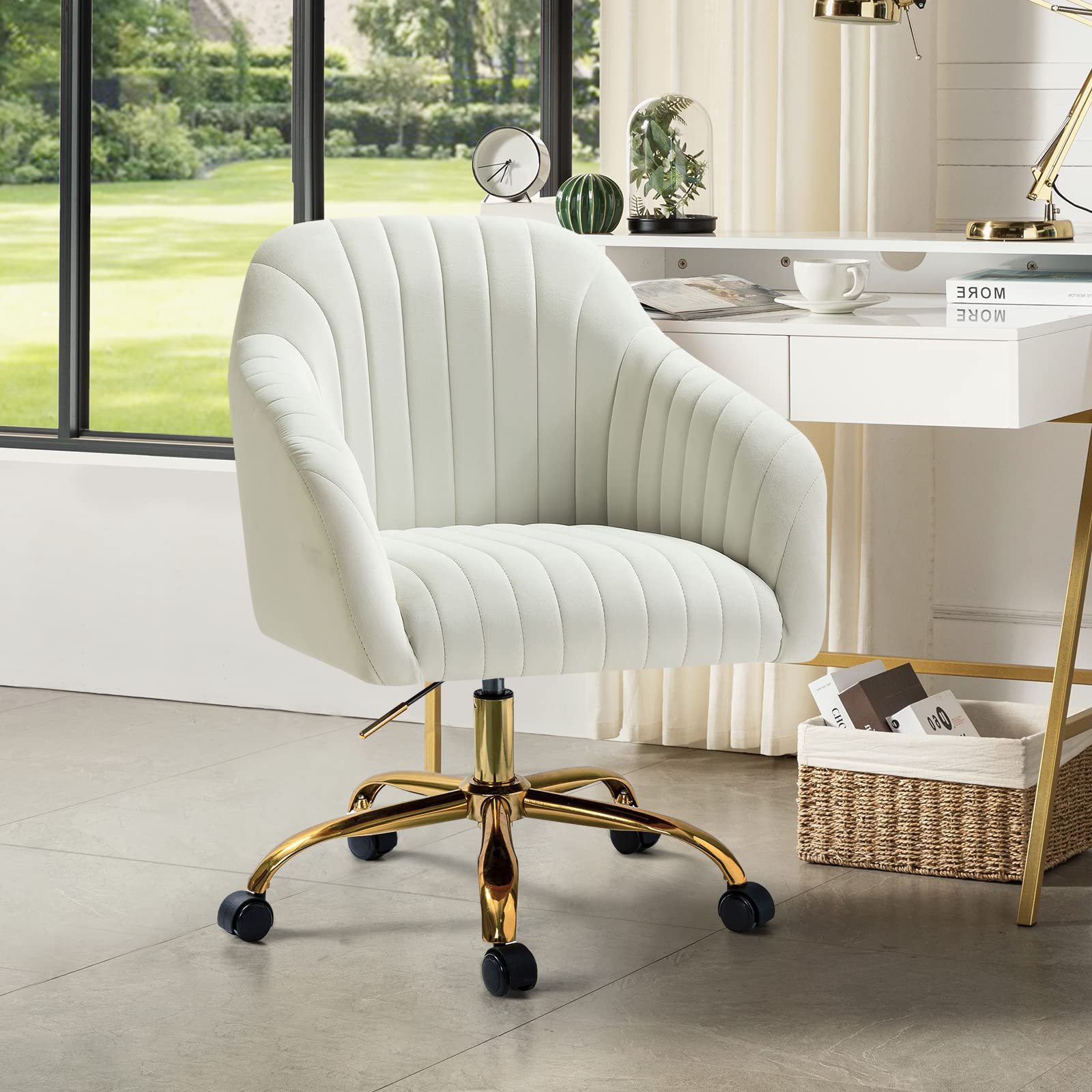HULALA HOME Velvet Office Chair - Modern Adjustable Swivel Desk Chair with Wheels, Ergonomic Computer Task Chair for Women & Girls, Gold Base & Ivory Upholstery - Perfect for Home Office, Gaming & Study