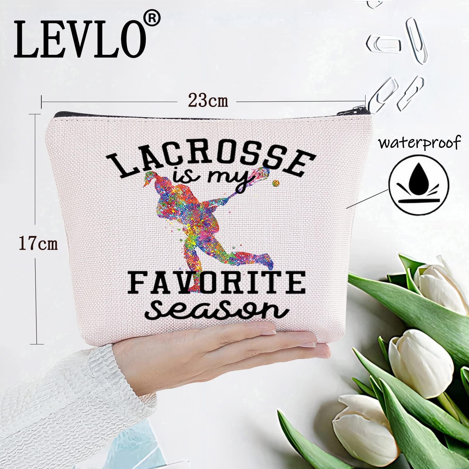 LEVLO Lacrosse Themed Cosmetic Makeup Bag - Waterproof Zipper Pouch for Girls & Women - Perfect Gift for Lacrosse Players & Fans - Great for Sports Events, Travel & Daily Use (Lacrosse Season Design)