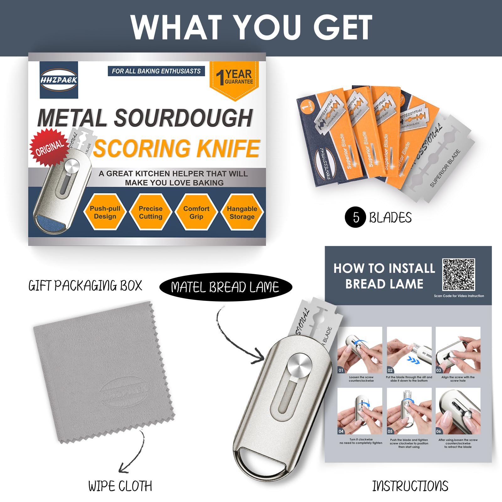 Premium Stainless Steel Bread Lame Dough Scoring Tool Set with 5 Razor Blades - Professional Magnetic Sourdough Bread Scoring Knife for Perfect Artisan Baking - Ideal Gift for Bakers (Champagne Silver) - Perfect for Home Bakers, Bakery Professionals & Bread Making Enthusiasts