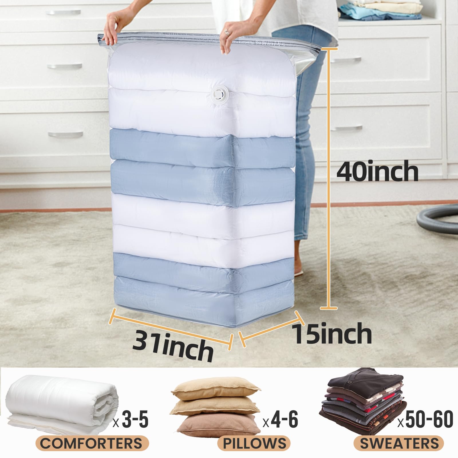 TAILI 6 Pack Jumbo Vacuum Storage Bags 31x40x15 Inch - Extra Large Vacuum Seal Bags for Comforters, Blankets, Bedding & Clothes - Space Saving Closet Organization - Perfect for Seasonal Storage & Travel Packing