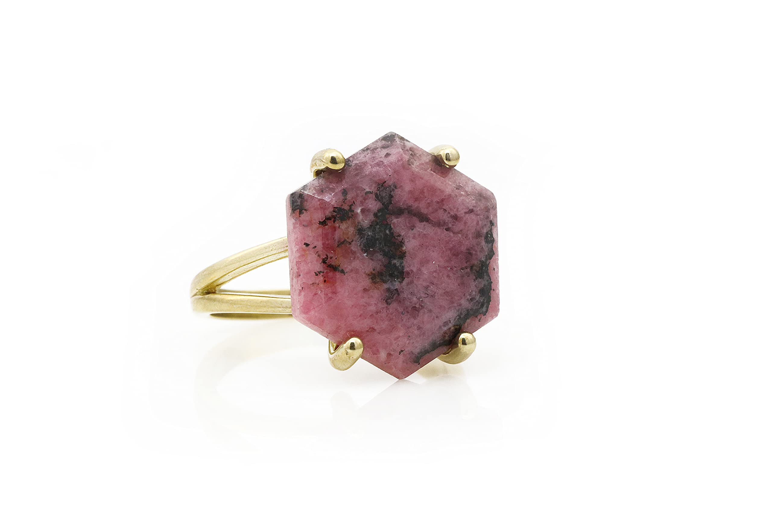 Big Rhodonite Jewelry Ring for Women – Custom Cut Gemstone & Crystal Bohemian Ring – 14k Gold Fashion Engagement Ring – Size Available – Perfect for Weddings, Parties & Everyday Wear