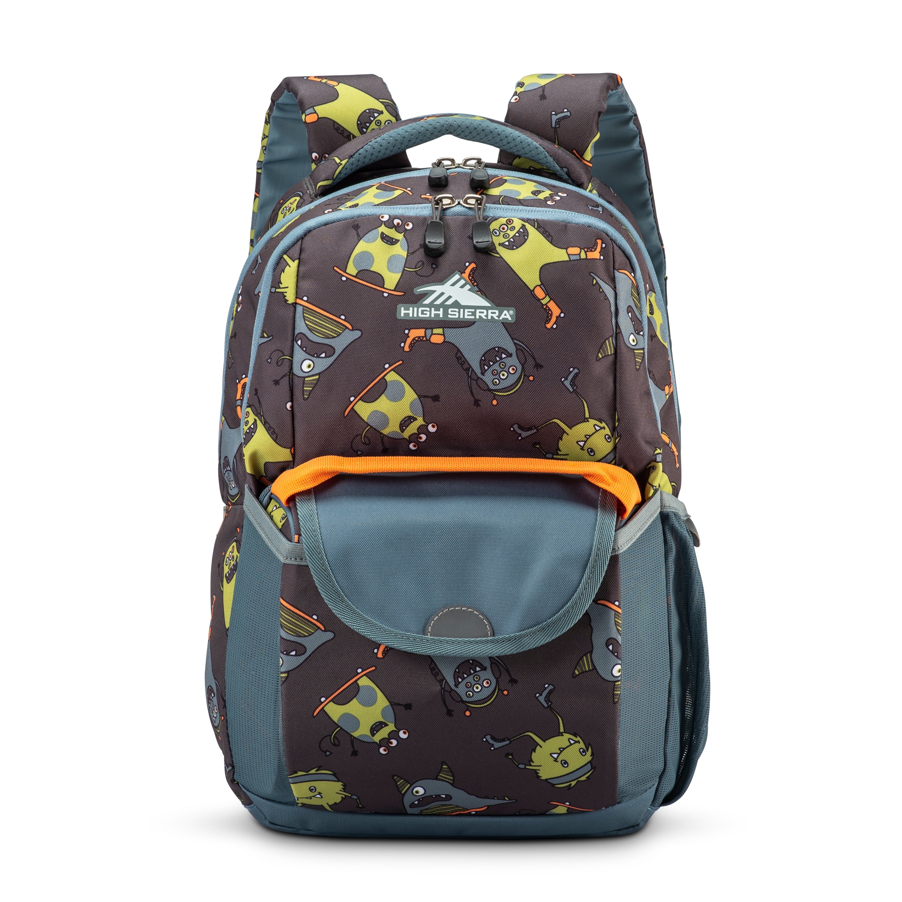 High Sierra Ollie Lunchkit Backpack - Monsters On Wheels Design, Durable Grey School Backpack for Kids & Teens - Perfect for School, Travel, and Outdoor Adventures