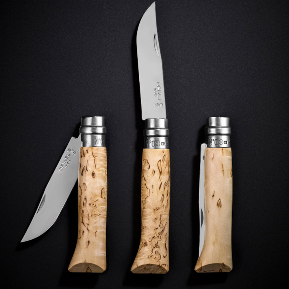 Opinel No.08 Sampo Folding Knife with Curly Birch Wood Handle - Perfect for Camping, Hiking, and Outdoor Adventures