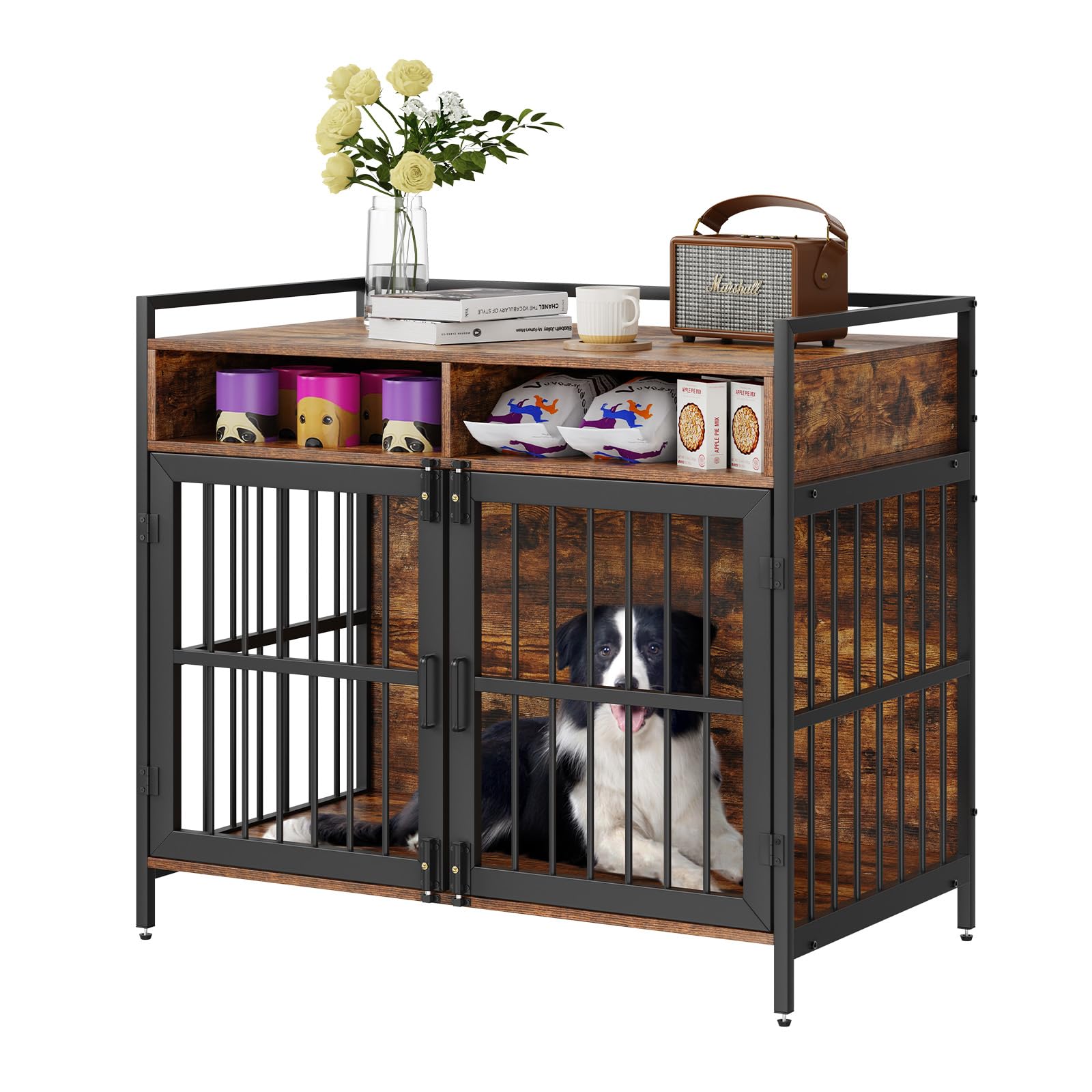 VEVOR 41 Inch Rustic Brown Wooden Dog Crate Furniture with Storage & Double Doors - Heavy Duty Indoor Dog Cage for Large & Medium Breeds up to 70 lbs - Perfect for Living Room, Bedroom & Home Decor