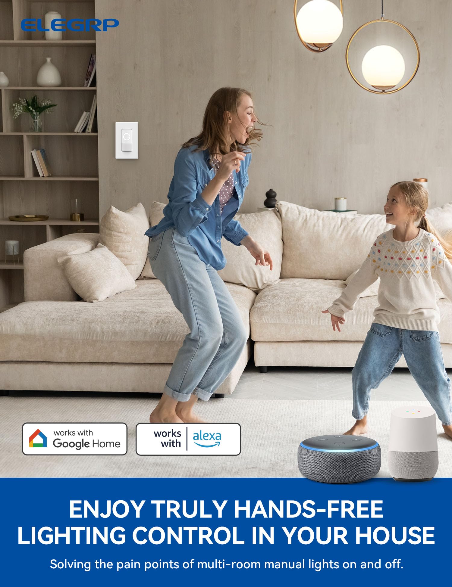 ELEGRP Smart Motion Sensor Light Switch 4 Pack - 2.4GHz Wi-Fi Single Pole, Works with Alexa & Google Assistant, APP Remote Control, UL Certified, No Hub Required (White) - Perfect for Home Automation, Smart Lighting Control in Bedrooms, Hallways & Staircases