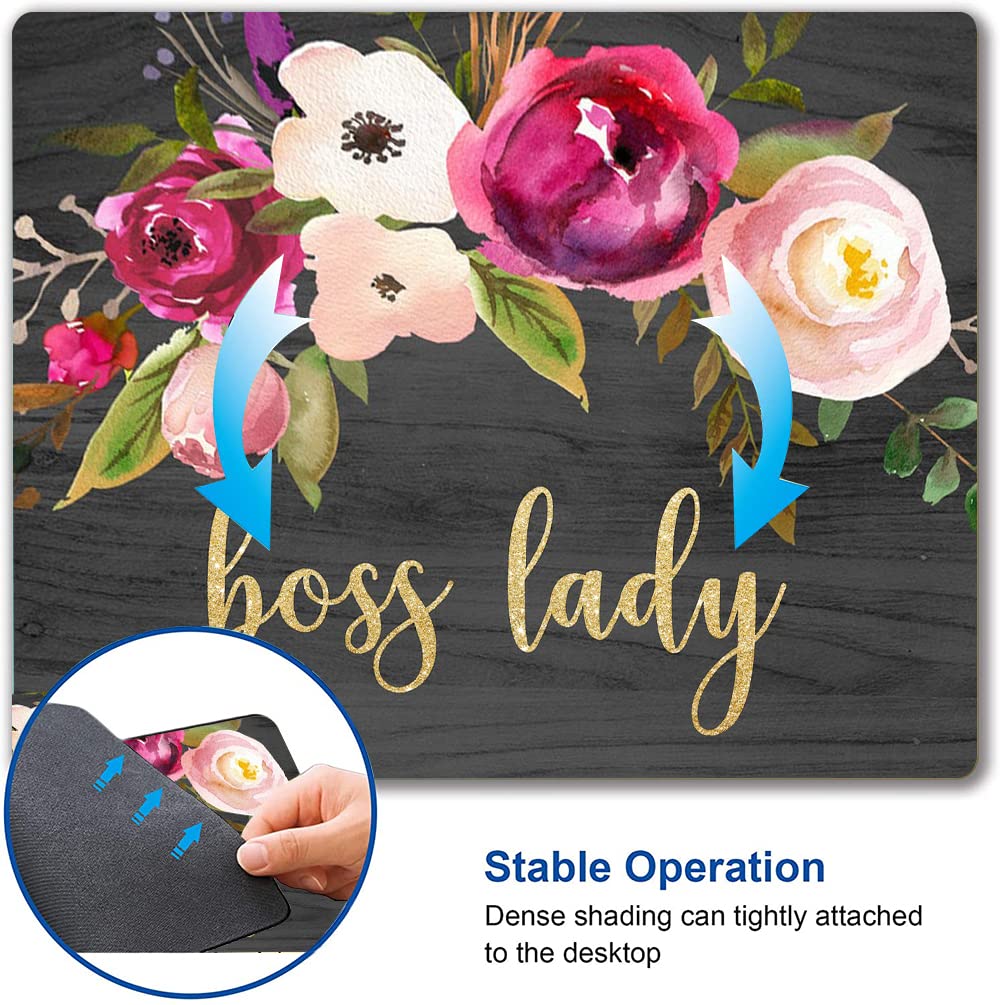 Boss Lady Floral Mouse Pad - Non-Slip Rubber Base, Waterproof Office Mouse Mat for Women, Square Laptop Mousepad for Work & Home Office Use