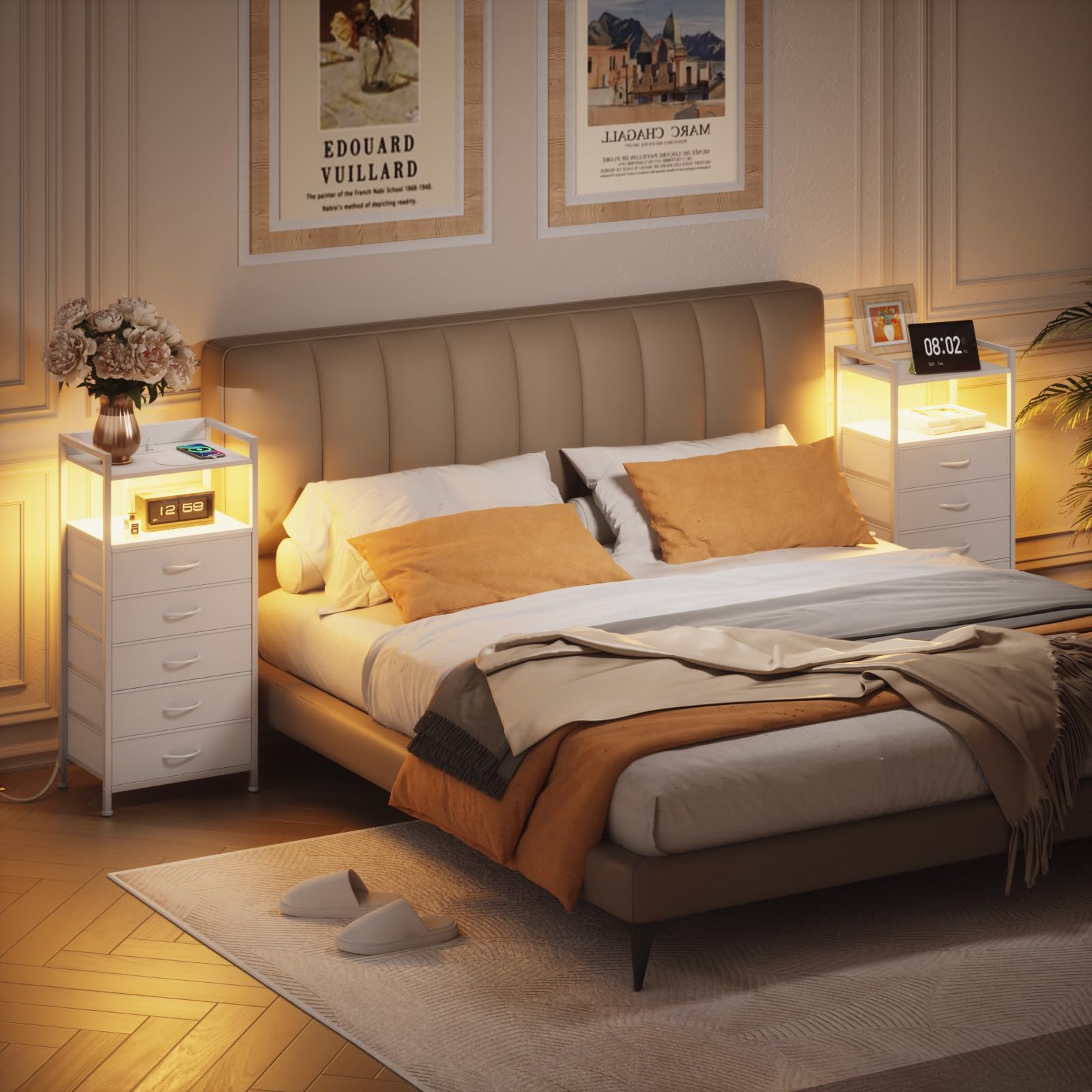 Modern White Nightstand with 5 Storage Drawers & LED Lights - Tall Bedroom Dresser with USB Charging Station, Wood Shelf & Fabric Bins - Sturdy Metal Frame Side Table for Closet or Bedroom - Perfect for Small Spaces & Apartment Living (White)