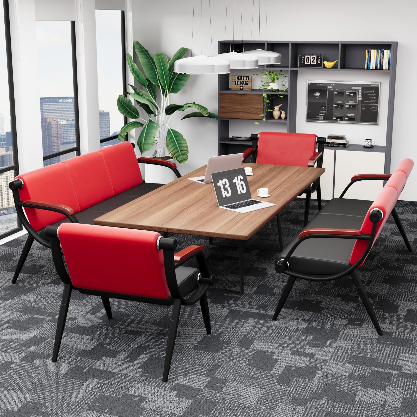 Premium Waiting Room Chairs - Leather Reception Chairs with Arms for Office, Clinic, Airport, Hospital, Barber Salon & Bank | Comfortable Seating Solution in Red & Black | Perfect for Professional Spaces & High-Traffic Areas