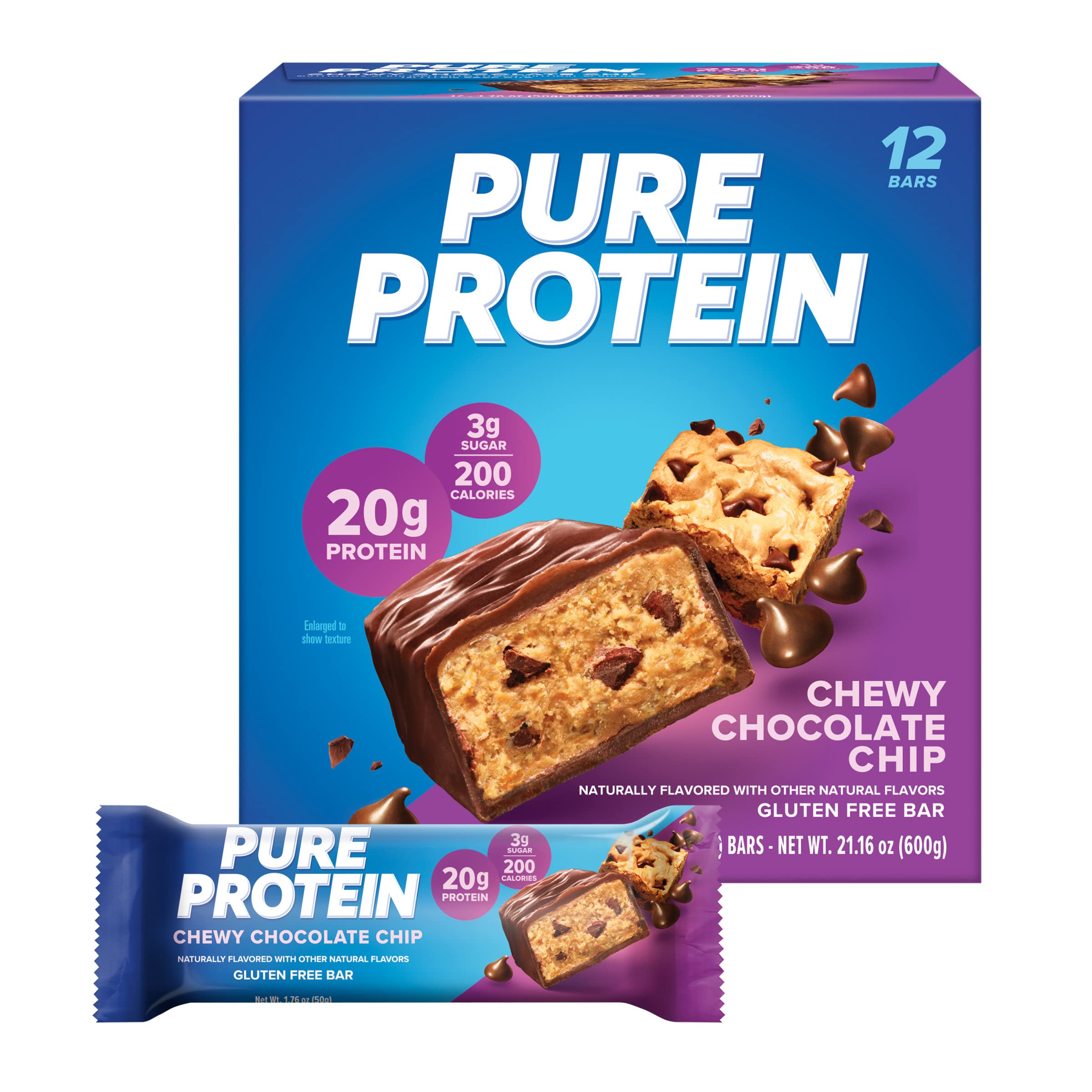Pure Protein Bars - High Protein, Low Sugar, Gluten Free Snacks for Energy | Chewy Chocolate Chip (12 Pack)