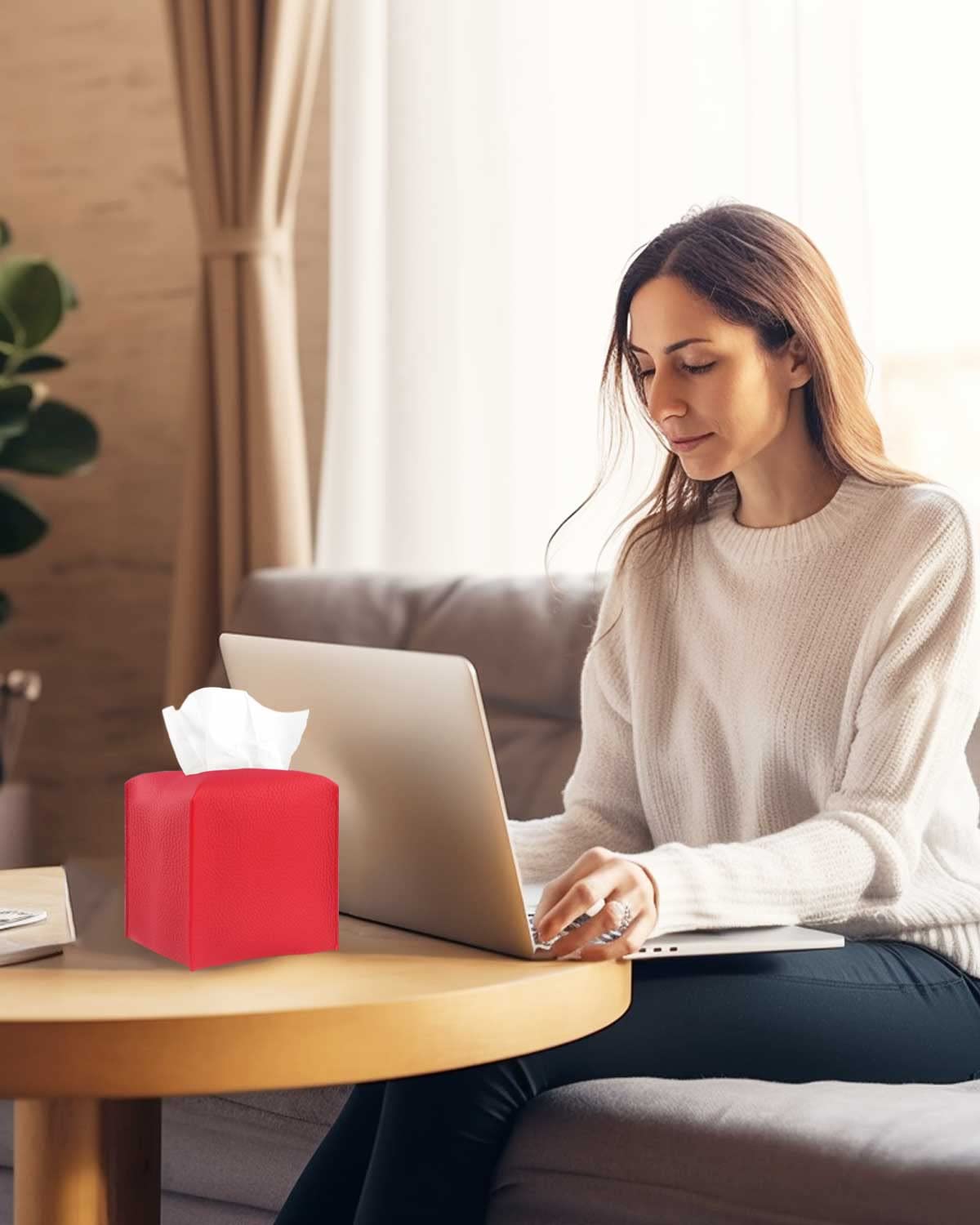 JESMINI Modern PU Leather Red Tissue Box Cover – Square Design with Bottom Belt, 5x5x5 Inches – Decorative Tissue Holder for Bathroom Vanity, Nightstand, Office Desk & Home Décor – Perfect for Living Room, Bedroom, or Office Organization