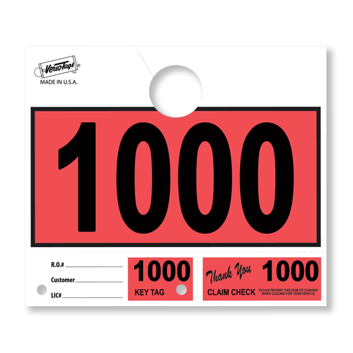 Versa-Tags 1000 Red Car Dealer Service Hang Tags - Mechanic Repair Shop Key Tags with 3-Part Key Ring (1000-1999) | Perfect for Auto Service Dispatch & Vehicle Maintenance Organization