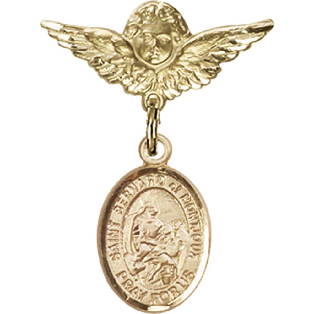 Gold Filled Baby Badge with St. Bernard of Montjoux Charm & Angel Wing Pin - 1 x 3/4 Inch Religious Jewelry for Baptism, Christening & First Communion Gifts