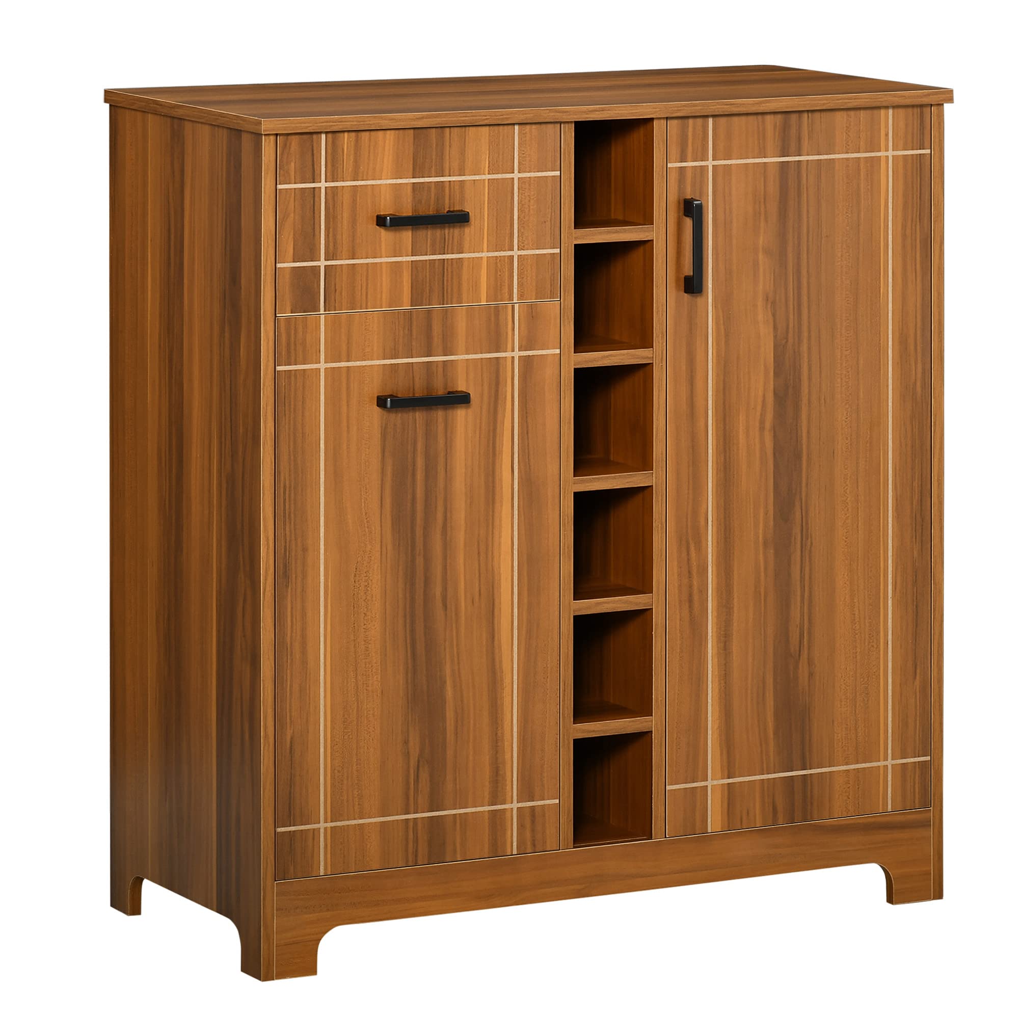 Vintage Wine Cabinet for 6 Bottles - Solid Wood Wine Rack Sideboard with Glass Holders & Storage Drawer - Brown Retro Bar Furniture for Dining Room, Living Room or Home Bar Decor