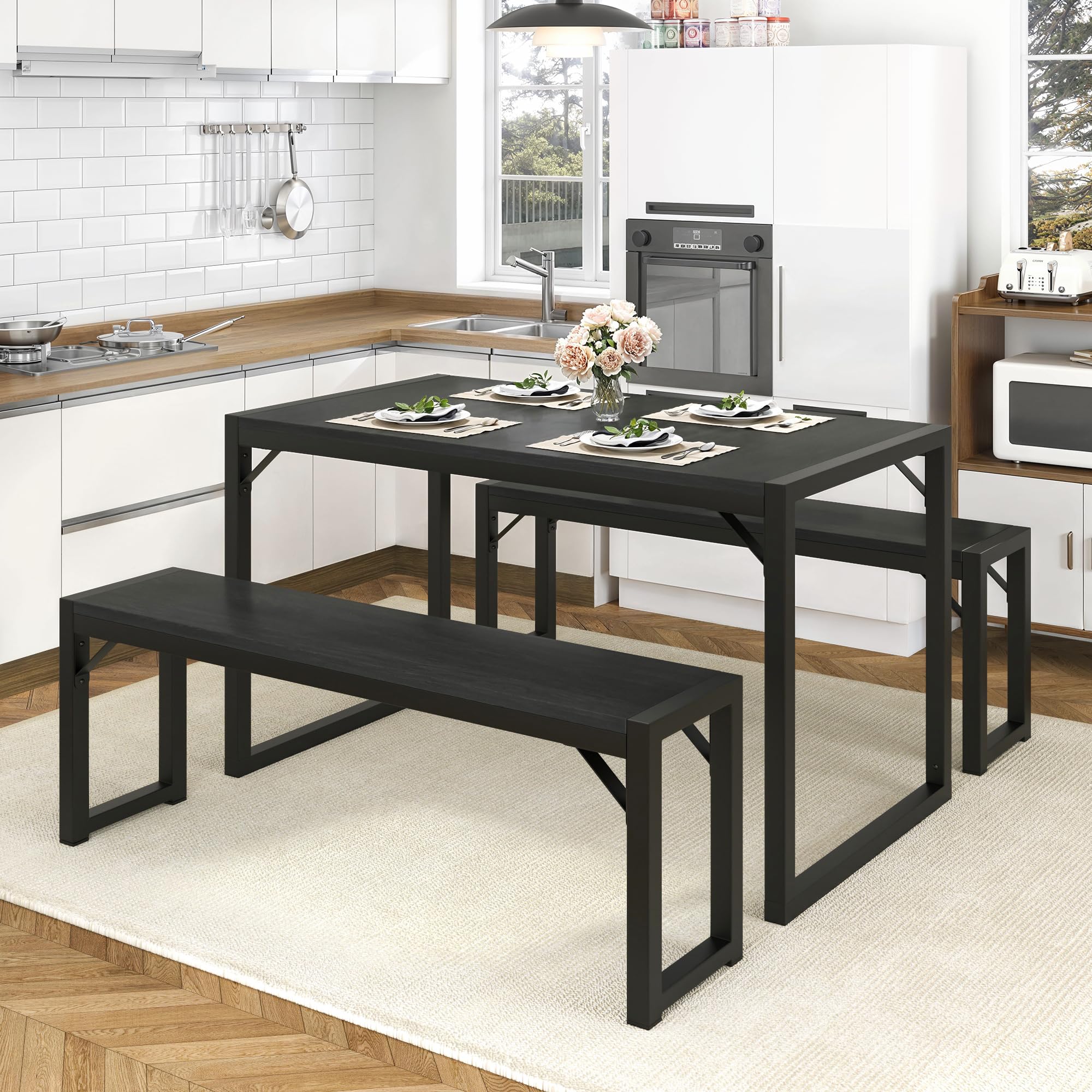 Allewie 3-Piece Dining Table Set with Benches - Heavy Duty Metal Space-Saving Kitchen Table for Small Spaces, Black Legs & Wooden Top - Perfect for Apartments, Studios, Living Rooms & Compact Dining Areas