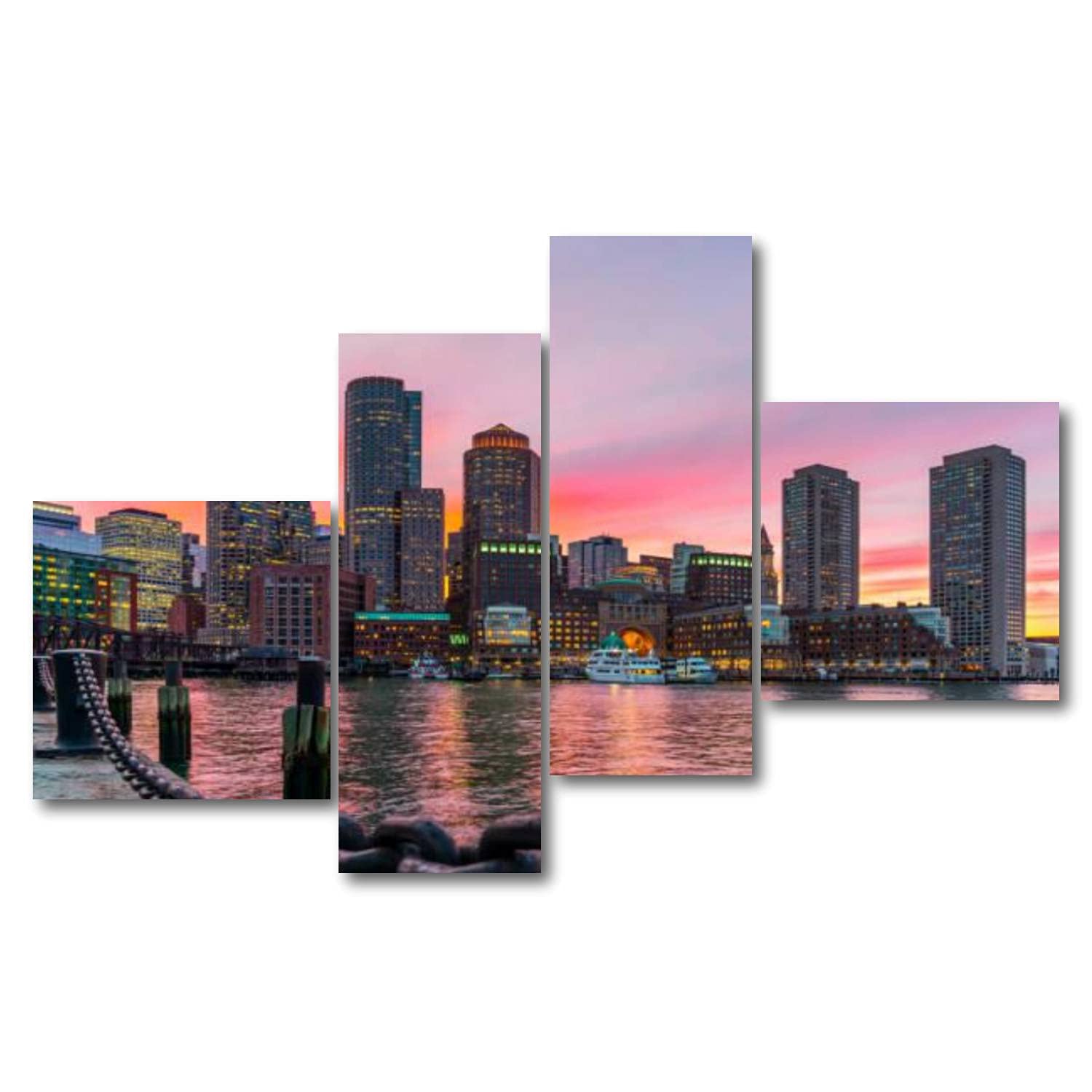 Boston Skyline & Fort Point Channel Sunset Framed Wall Art - 4 Panel Canvas Prints for Living Room, Home Office Decor | Personalized Cityscape Painting, Modern Wall Décor for Gifts & Interior Design
