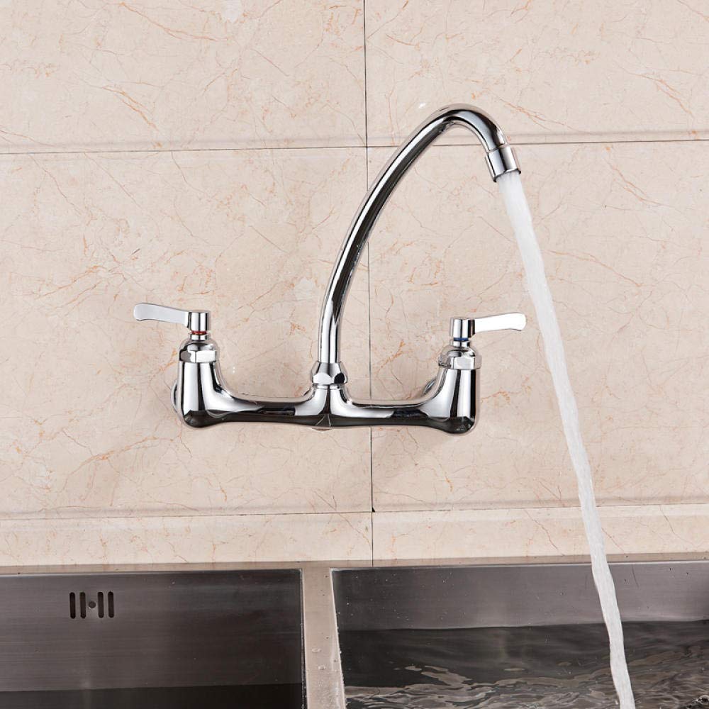 360° Swivel Chrome Wall Mounted Kitchen Faucet - Dual Handle Hot & Cold Water Mixer Tap with Goose Neck Spout for Modern Kitchen Sink