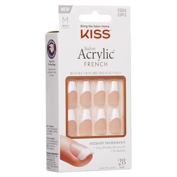 Kiss Salon Acrylic French Nails Medium Coffin KSA16C 29g - False Nails for Women, Medium Length Coffin Shape Press On Nails with French Tip Design, Perfect for Parties, Weddings & Special Occasions