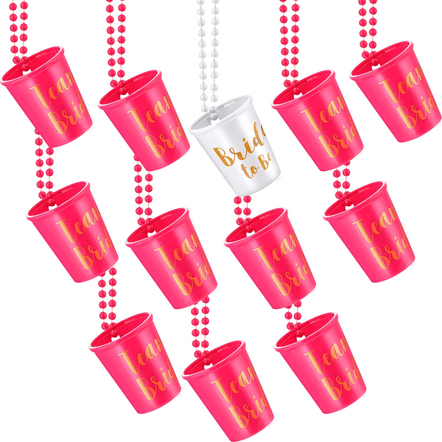 Maitys 12-Piece Plastic Beaded Bridal Shot Glass Necklace Set - Gold Foil Wedding Party Accessories for Bachelorette, Bridal Showers & Girls Night Out (White & Pink)