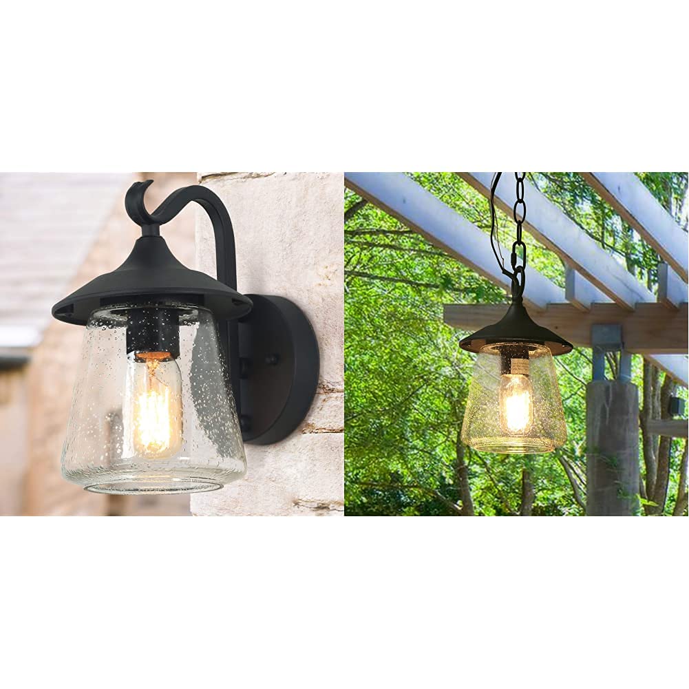 Farmhouse Outdoor Wall Light - Matte Black Exterior Lantern with Seeded Glass & Clear Bubbled Globe - Rustic Porch Lighting Fixture for Patio, Garden, and Entryway Decor