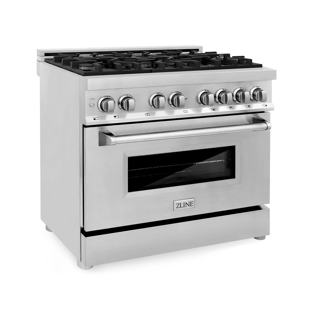 ZLINE 36 Inch Stainless Steel Kitchen Package - Dual Fuel Range, Range Hood, Microwave Drawer & Tall Tub Dishwasher (4KP RARH36 MWDWV) | Perfect for Modern Home Chefs & Open Concept Kitchens